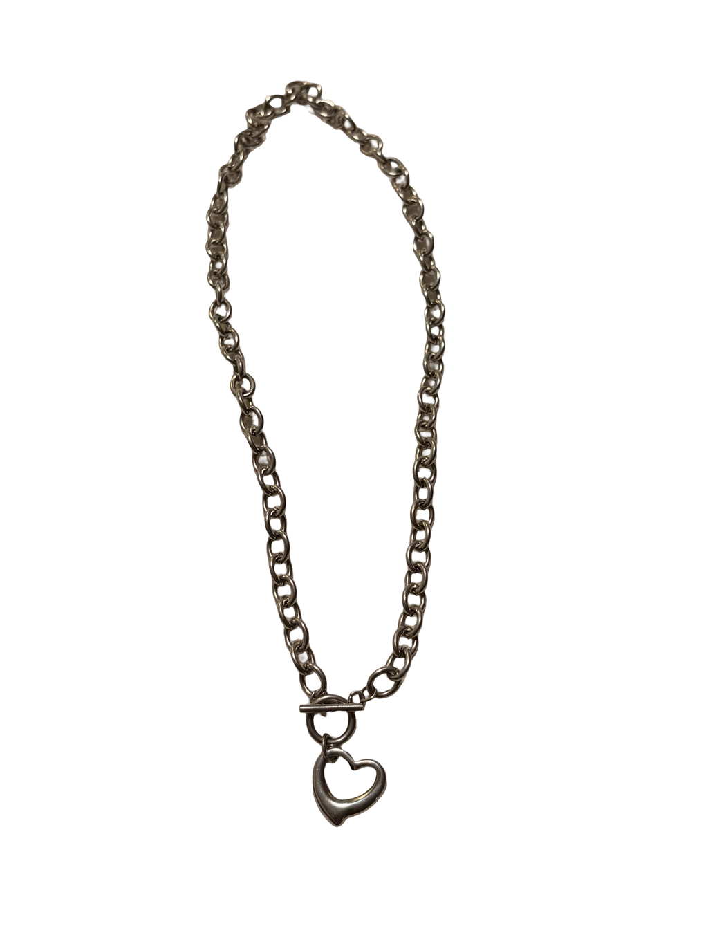 Stainless Steel Heart Charm Chain Necklace Toggle Clasp Silver Tone Minimalist