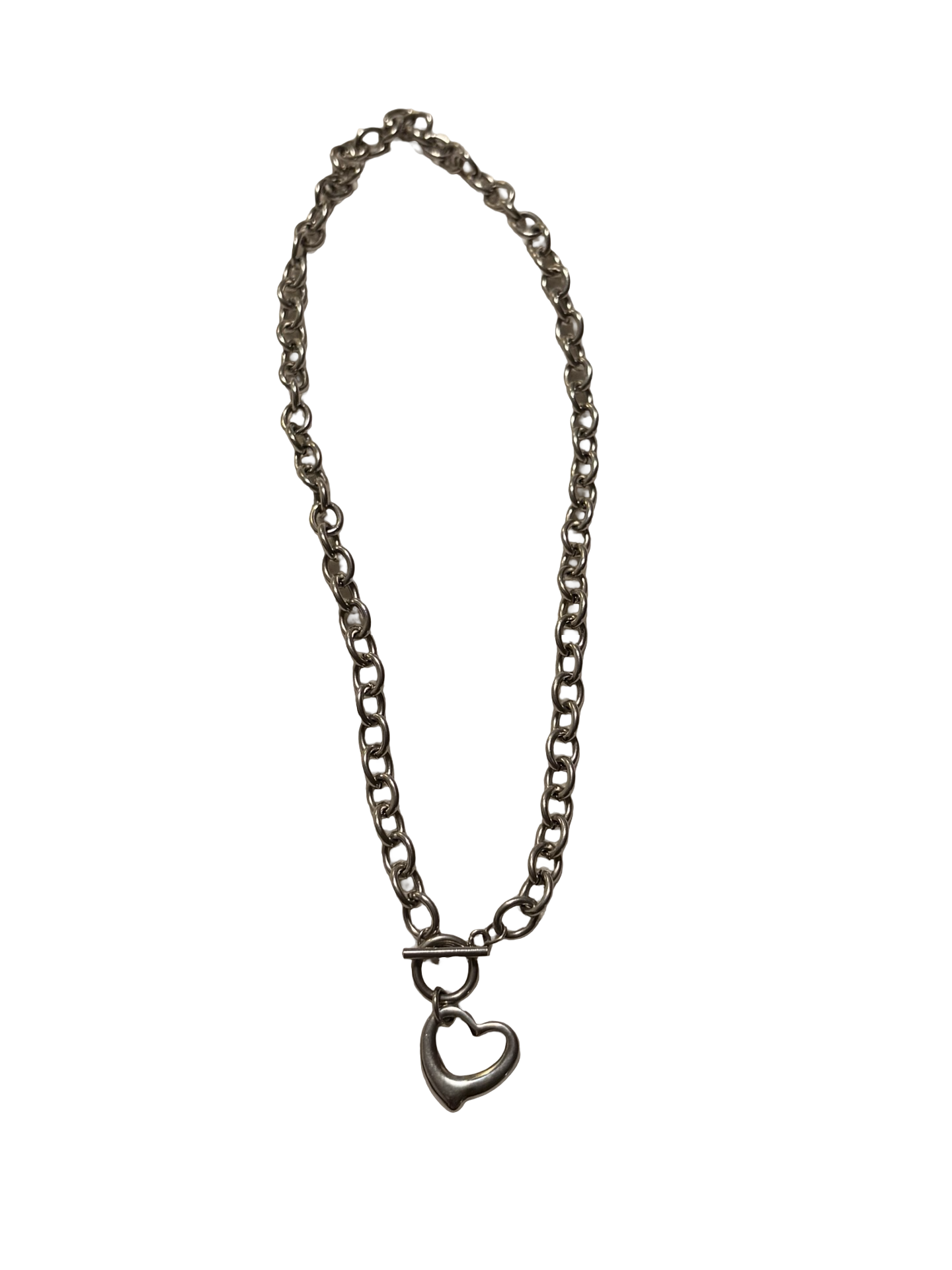 Stainless Steel Heart Charm Chain Necklace Toggle Clasp Silver Tone Minimalist