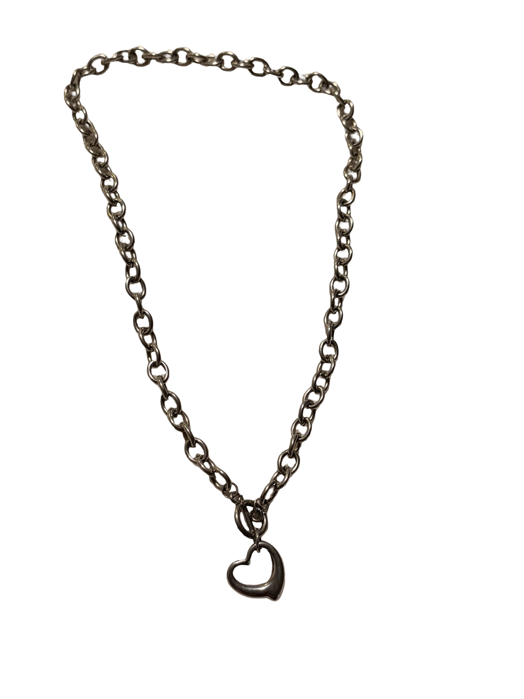 Stainless Steel Heart Charm Chain Necklace Toggle Clasp Silver Tone Minimalist