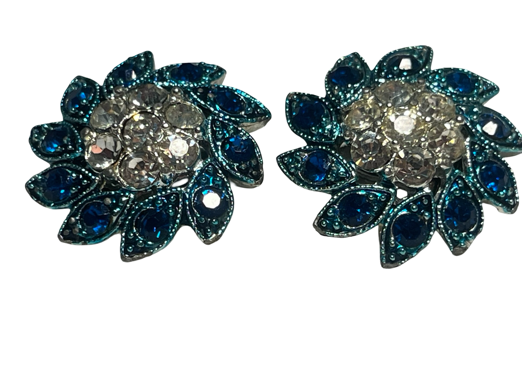 Vintage Blue Rhinestone Floral Clip-On Earrings | Silver Tone Flower Cluster | Retro Costume Jewelry