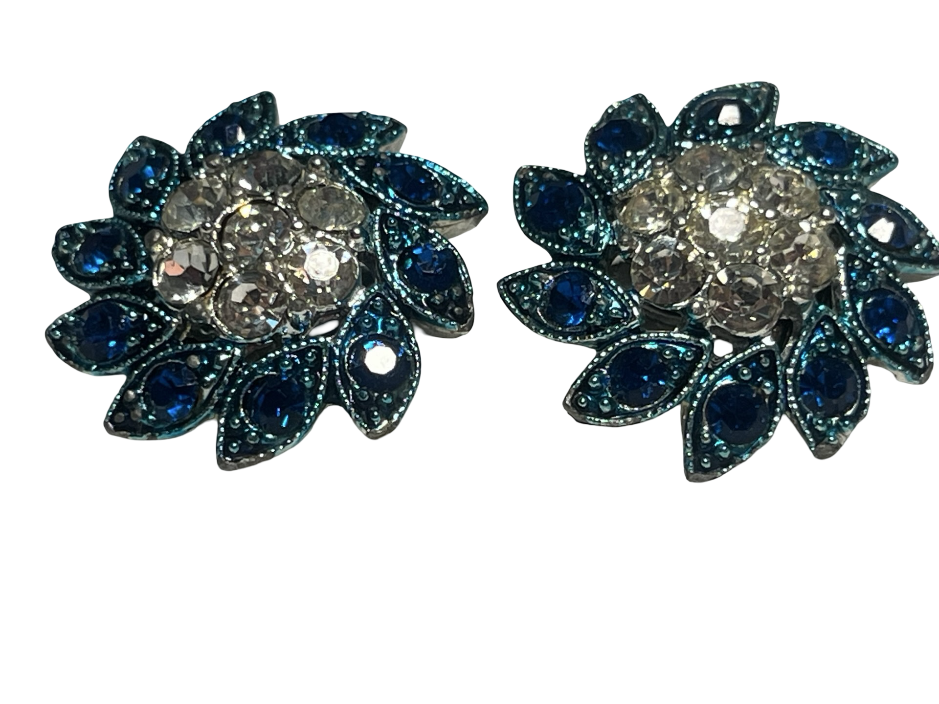 Vintage Blue Rhinestone Floral Clip-On Earrings | Silver Tone Flower Cluster | Retro Costume Jewelry