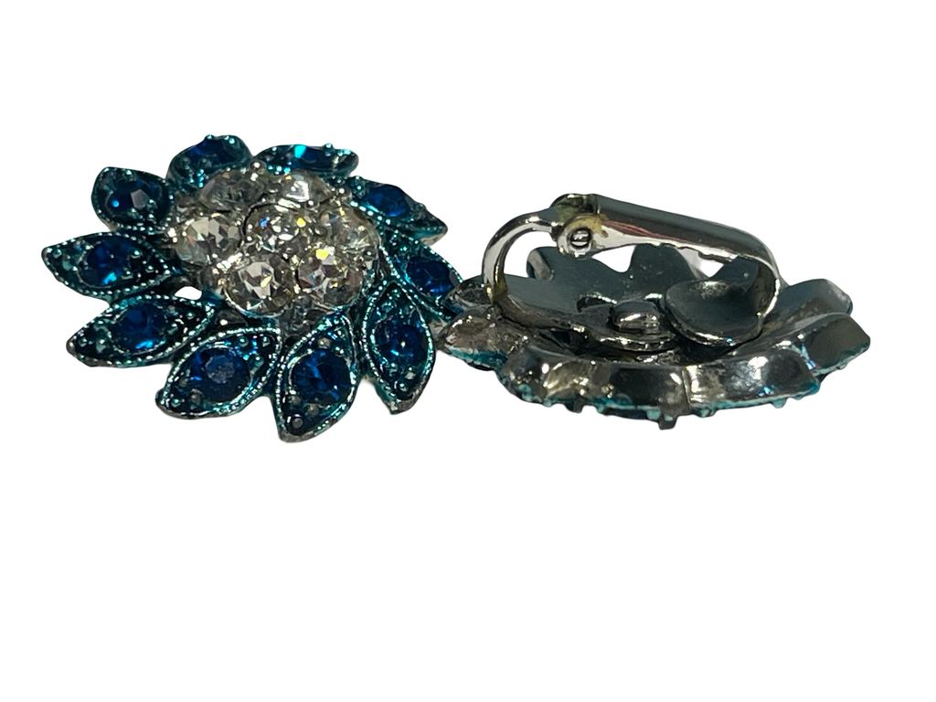 Vintage Blue Rhinestone Floral Clip-On Earrings | Silver Tone Flower Cluster | Retro Costume Jewelry
