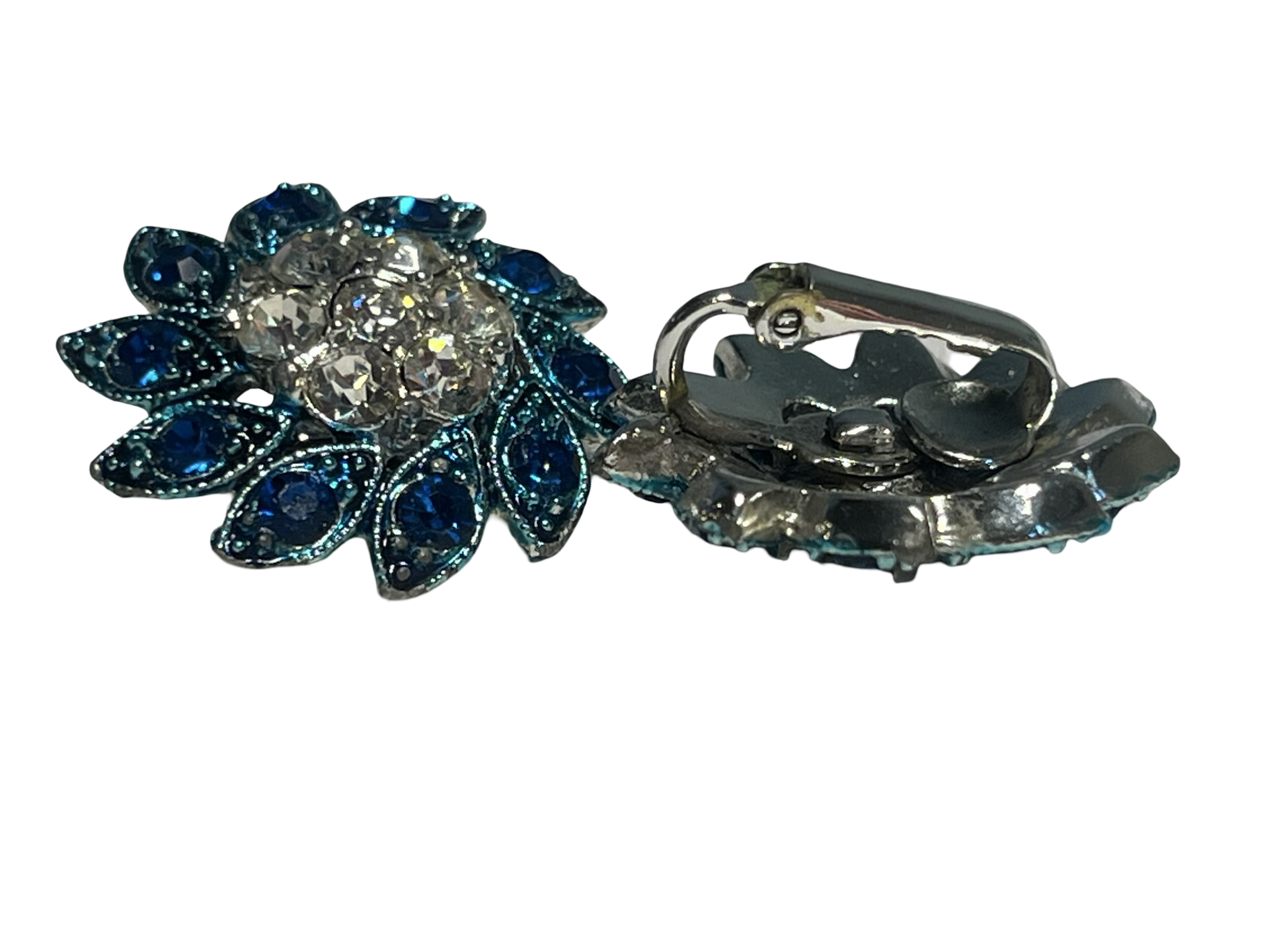 Vintage Blue Rhinestone Floral Clip-On Earrings | Silver Tone Flower Cluster | Retro Costume Jewelry