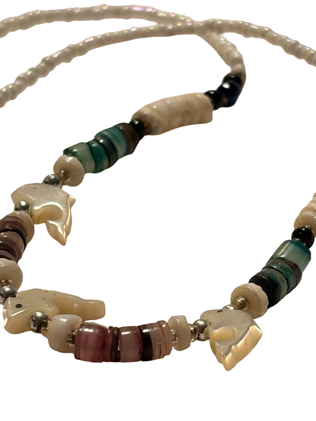 Handmade Shell Fish Beaded Necklace Coastal Beach Boho Artisan White seed beads