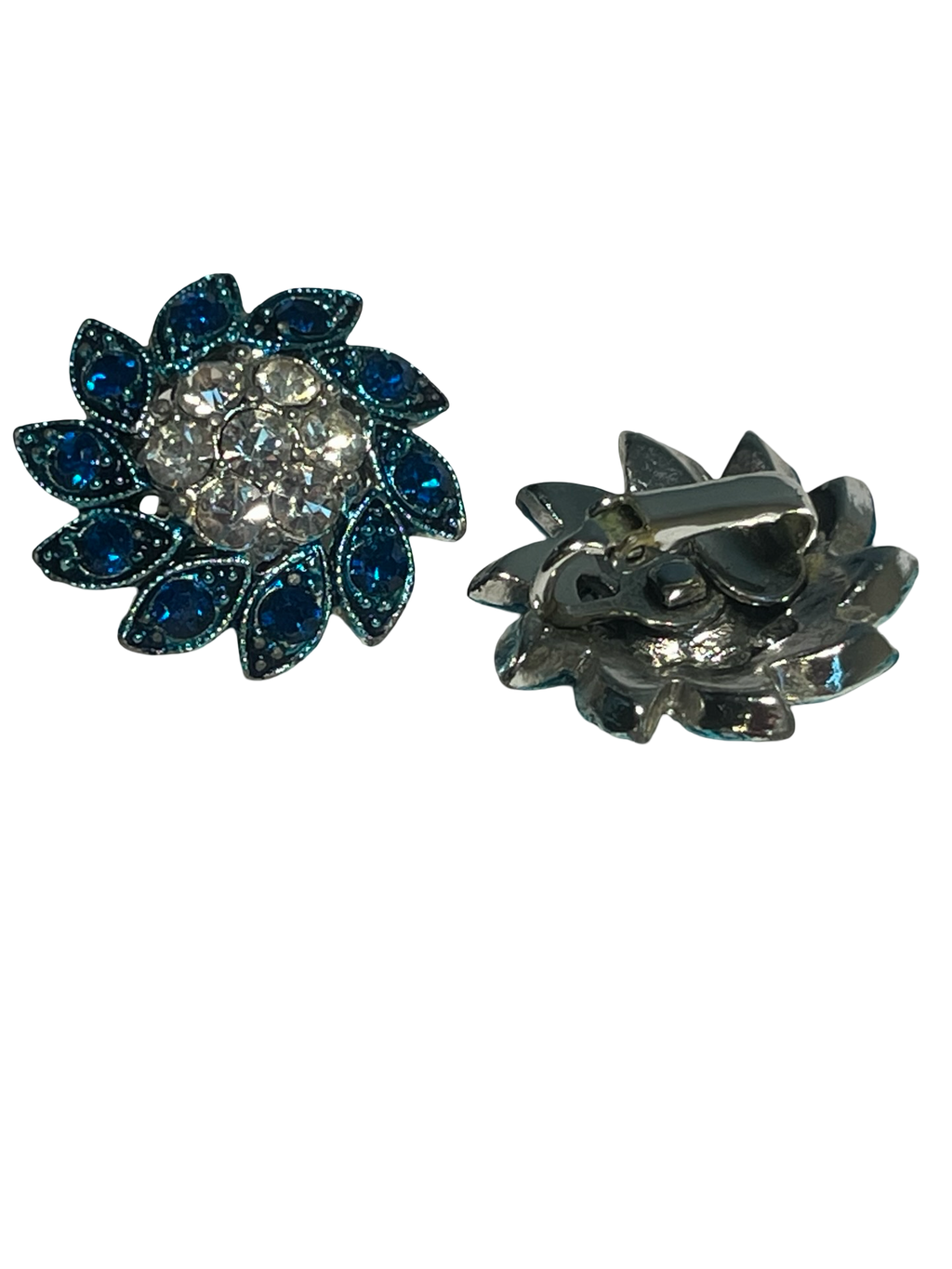 Vintage Blue Rhinestone Floral Clip-On Earrings | Silver Tone Flower Cluster | Retro Costume Jewelry