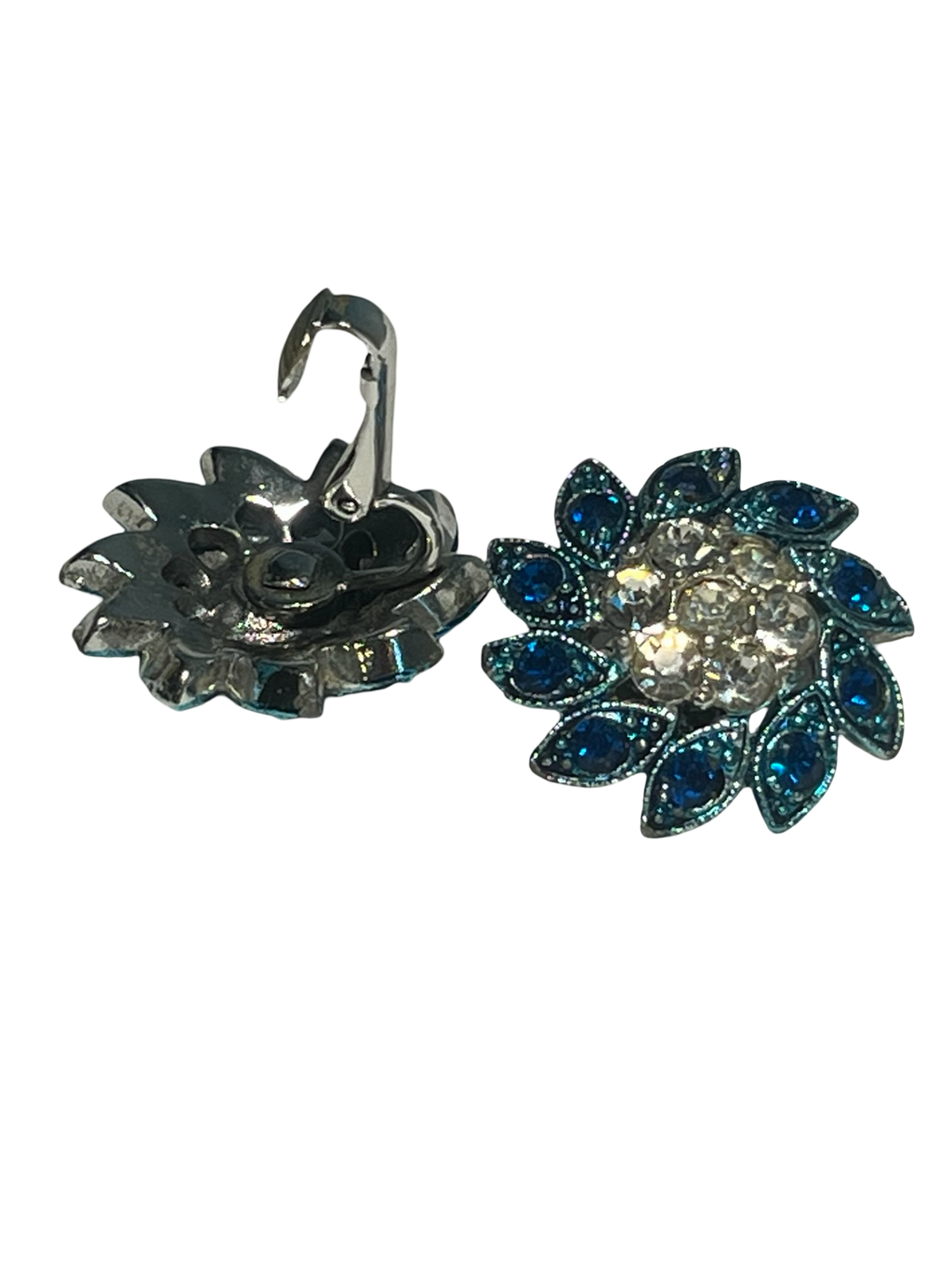 Vintage Blue Rhinestone Floral Clip-On Earrings | Silver Tone Flower Cluster | Retro Costume Jewelry