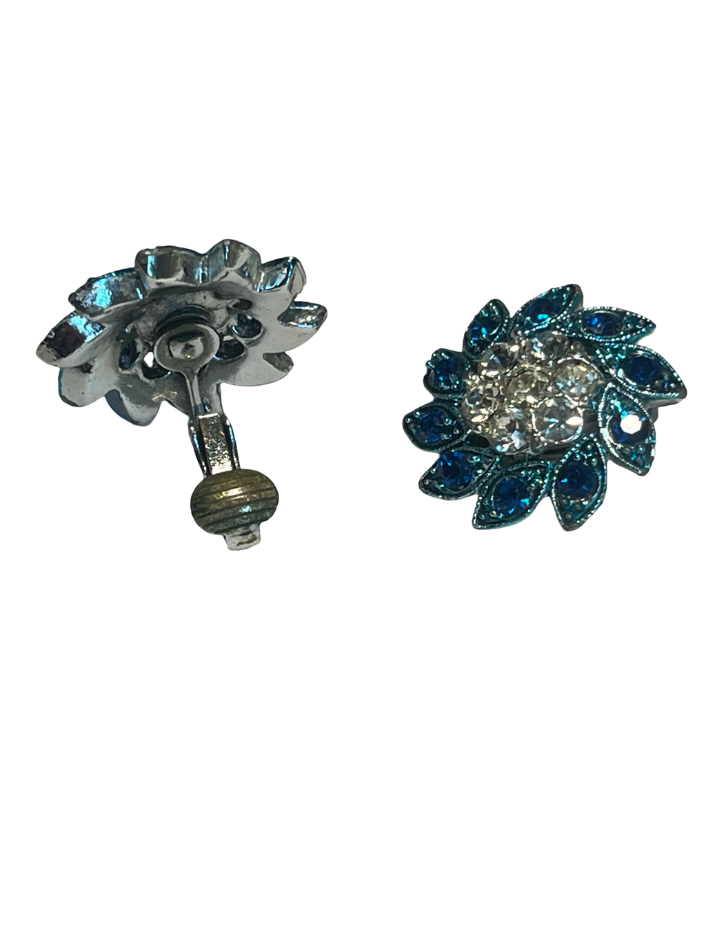 Vintage Blue Rhinestone Floral Clip-On Earrings | Silver Tone Flower Cluster | Retro Costume Jewelry