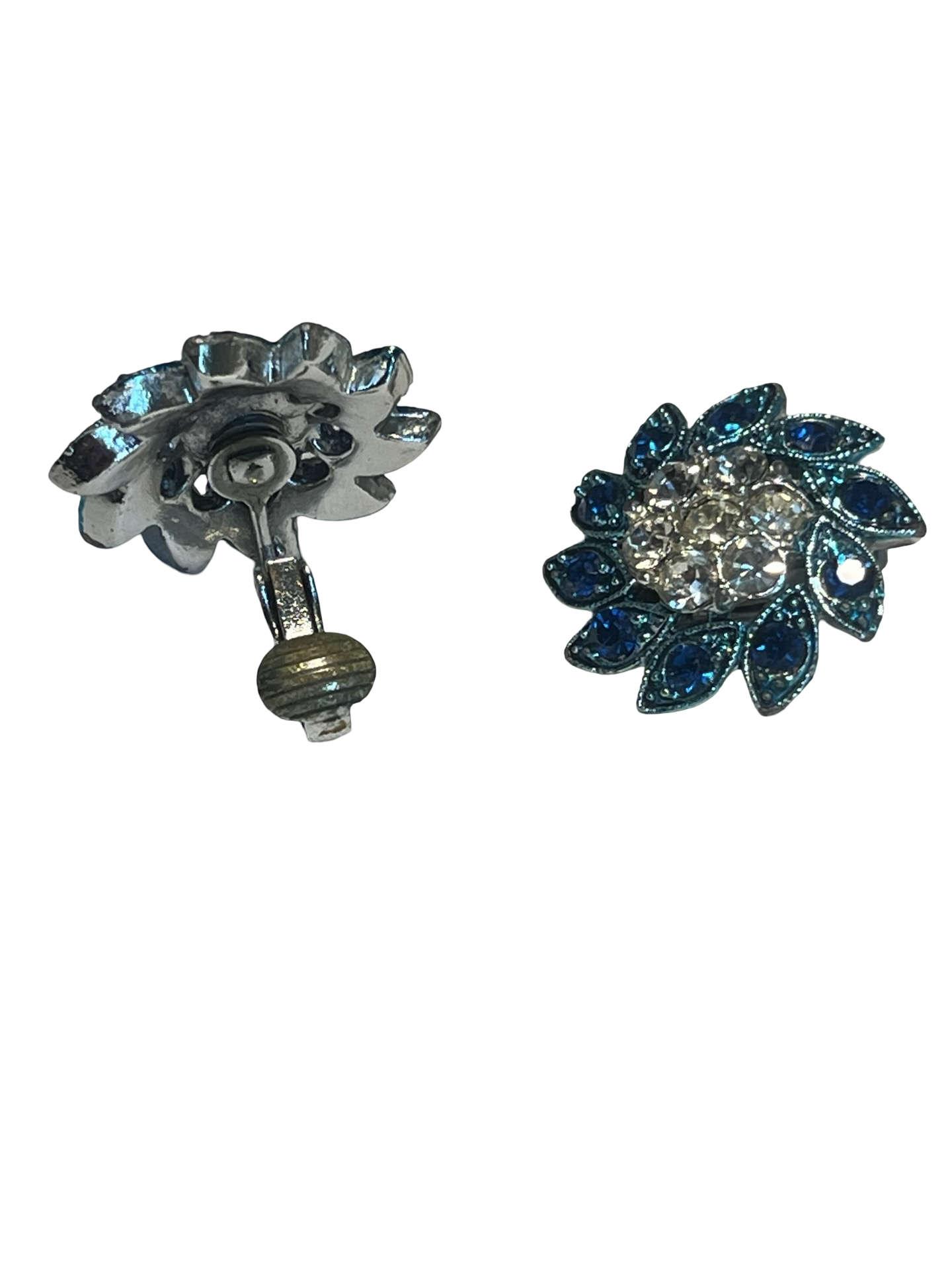 Vintage Blue Rhinestone Floral Clip-On Earrings | Silver Tone Flower Cluster | Retro Costume Jewelry