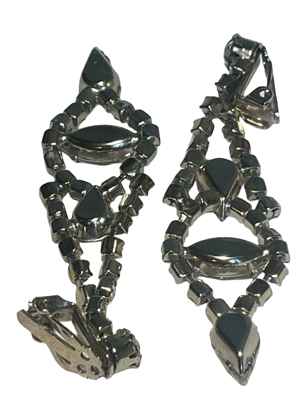 Vintage Rhinestone Dangle Clip-On Earrings Clear Marquise Glass Stones Silver Tone Mid Century