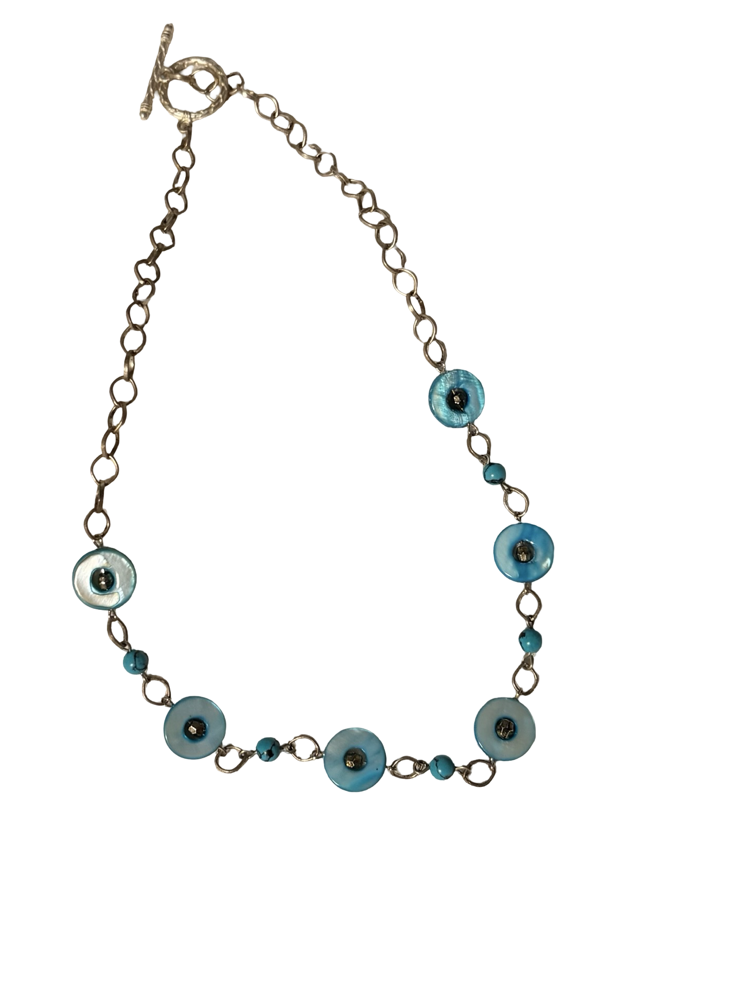 Vintage Turquoise Blue Mother of Pearl &amp; Faux Turquoise Beaded Necklace | Silver Tone Chain | Boho Coastal Statement Jewelry