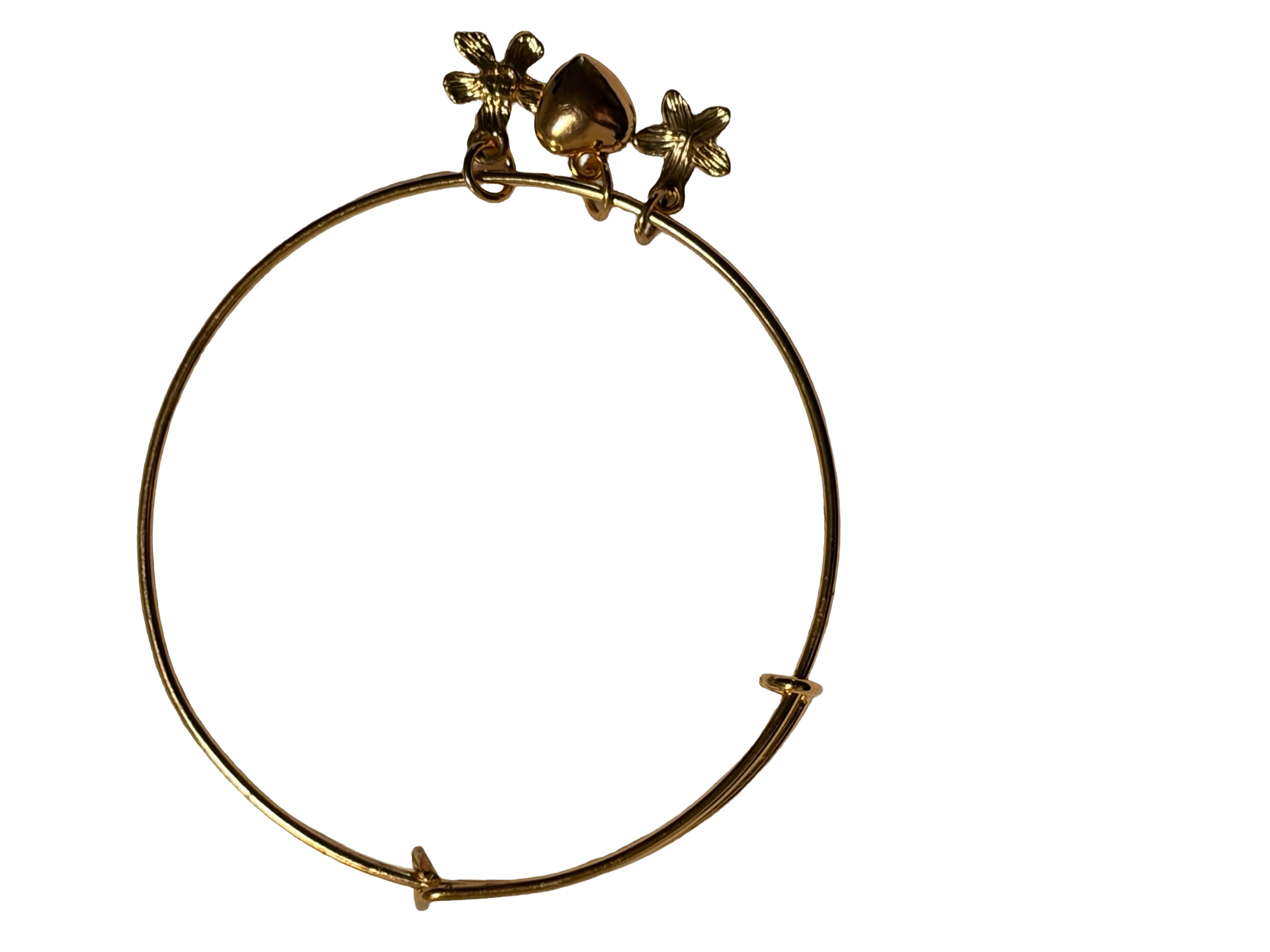 Gold Tone Charm Bangle Bracelet Pink Heart Crystal &amp; Floral Charms Dainty Fashion Jewelry
