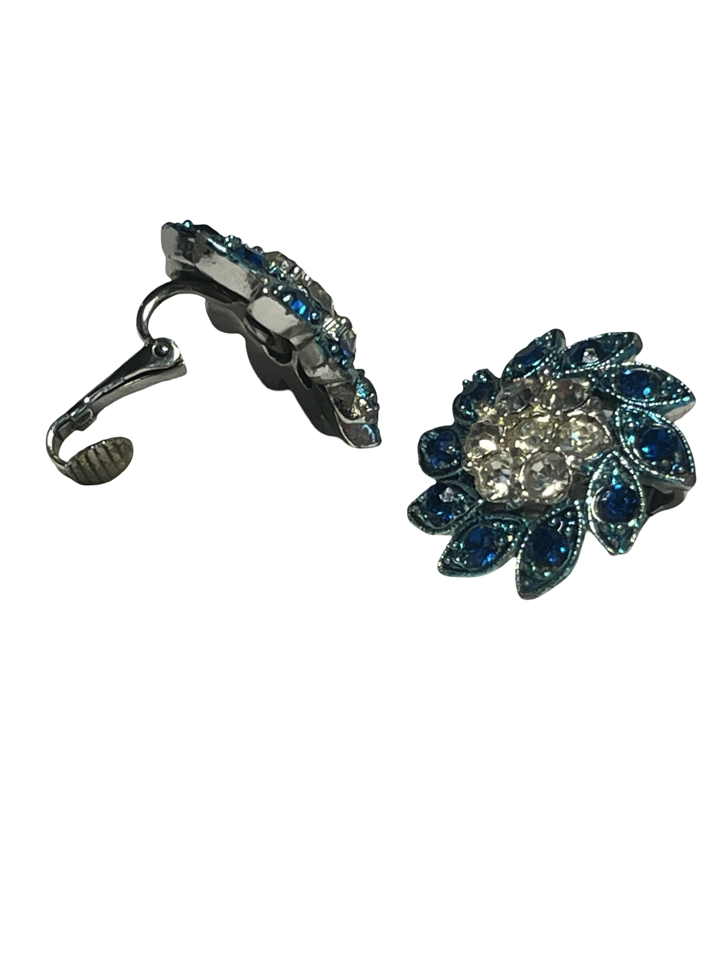 Vintage Blue Rhinestone Floral Clip-On Earrings | Silver Tone Flower Cluster | Retro Costume Jewelry