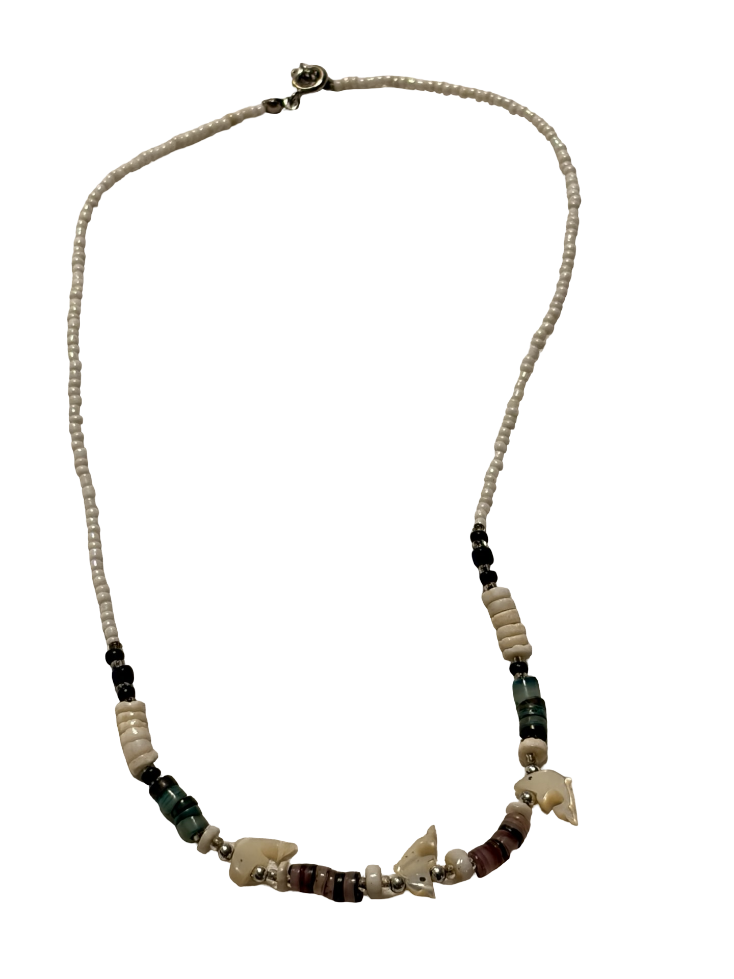 Handmade Shell Fish Beaded Necklace Coastal Beach Boho Artisan White seed beads