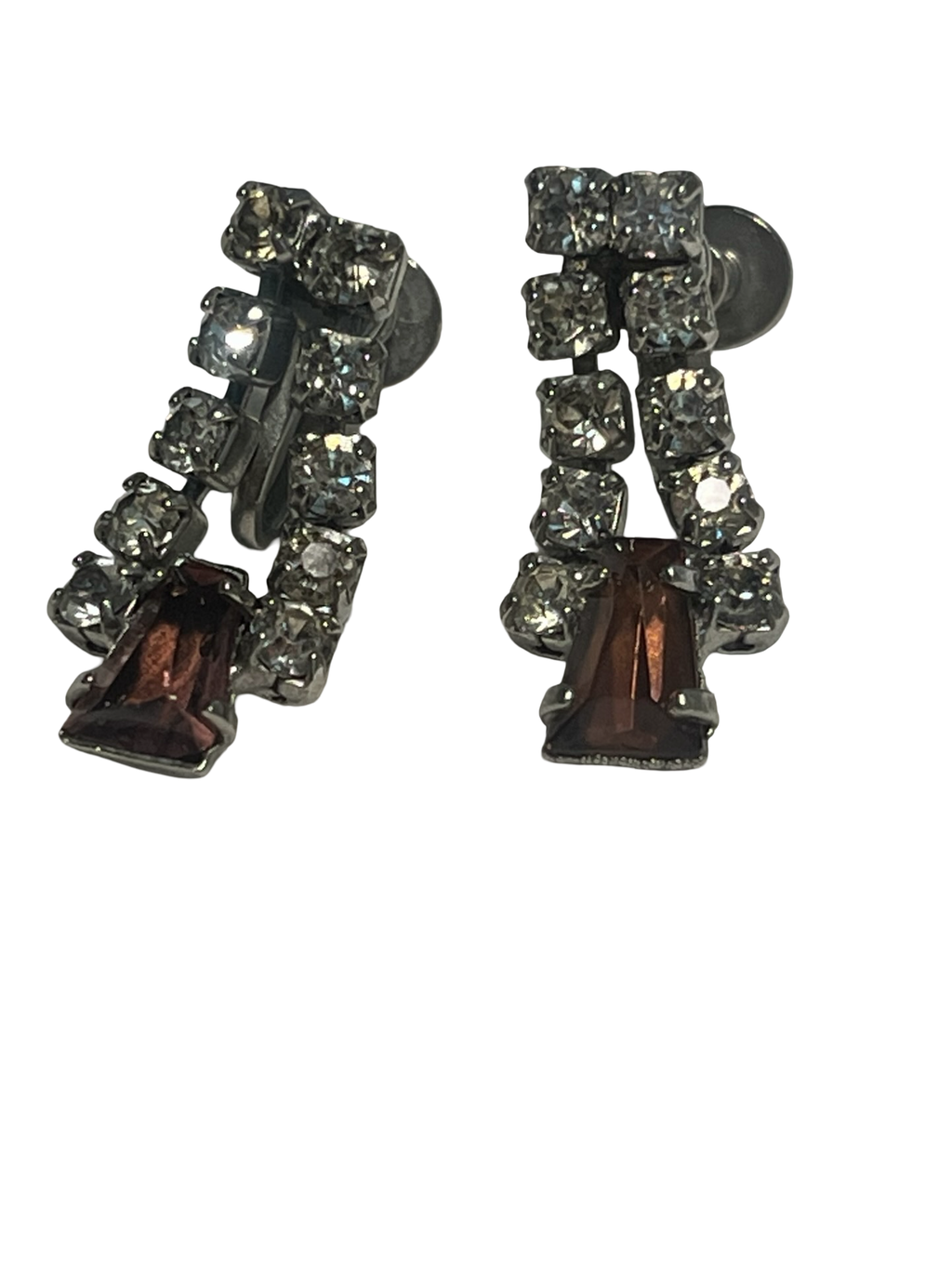 Vintage Purple Rhinestone Screw Back Earrings, Silver Tone Crystal Dangle, Art Deco Style