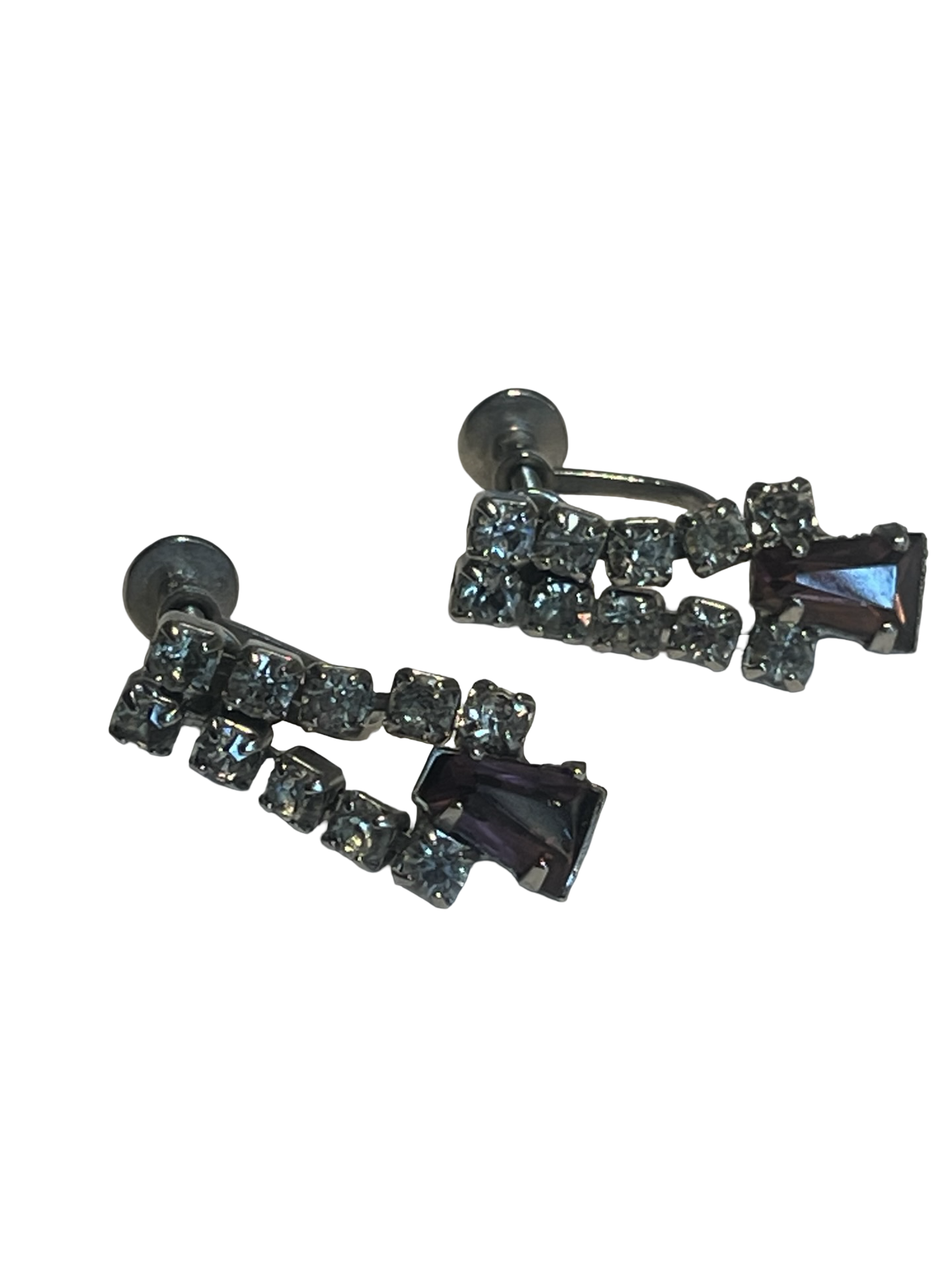 Vintage Purple Rhinestone Screw Back Earrings, Silver Tone Crystal Dangle, Art Deco Style