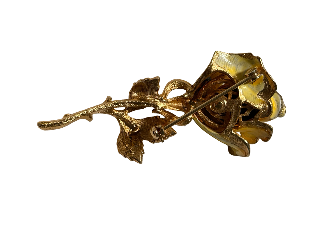 Vintage Yellow Enamel Rose Brooch Gold Tone Rhinestone Floral Pin