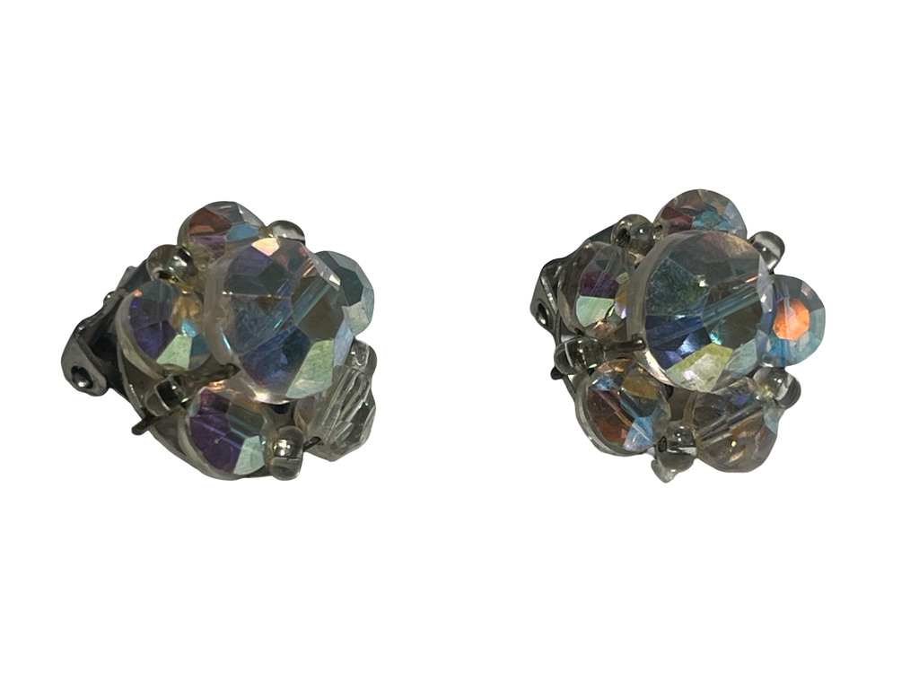 Vintage Aurora Borealis Crystal Cluster Clip-On Earrings, AB Rhinestone Statement Earrings