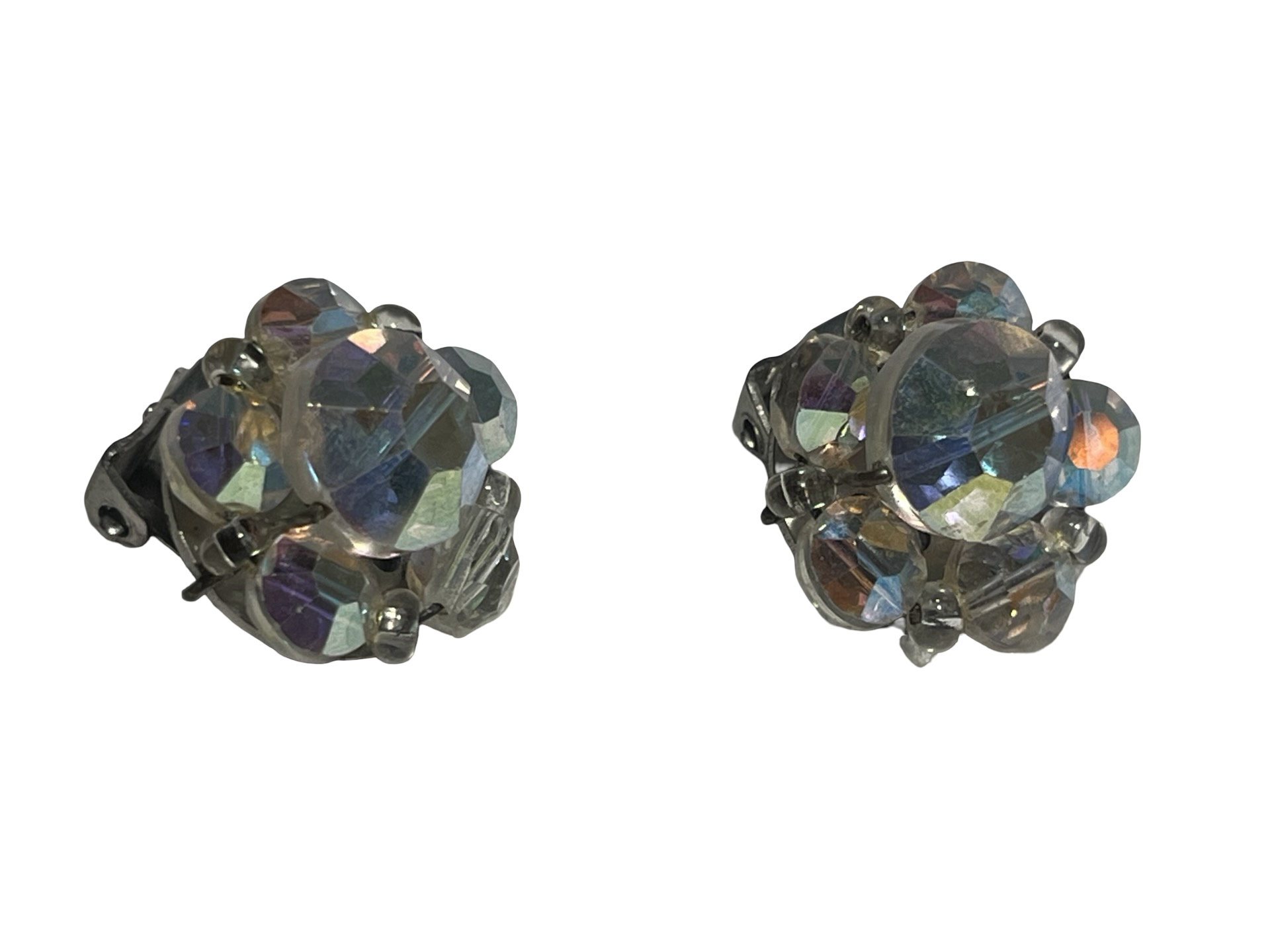 Vintage Aurora Borealis Crystal Cluster Clip-On Earrings, AB Rhinestone Statement Earrings