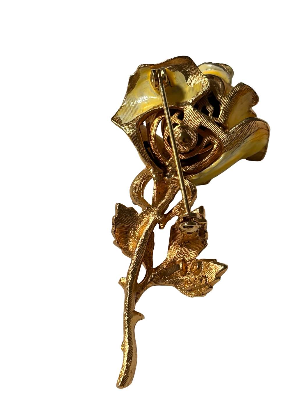 Vintage Yellow Enamel Rose Brooch Gold Tone Rhinestone Floral Pin