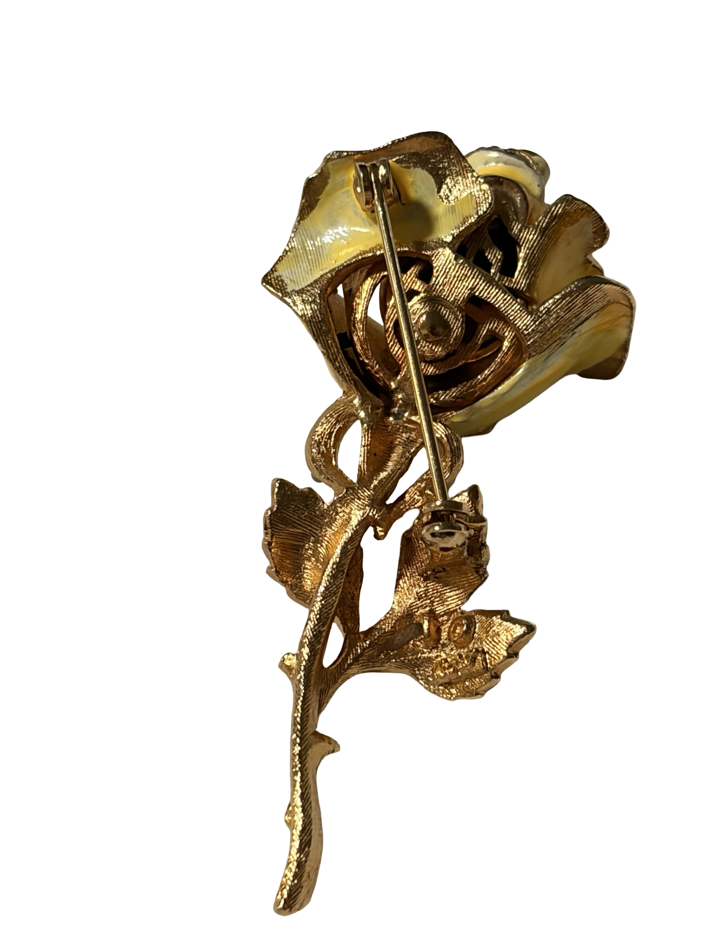 Vintage Yellow Enamel Rose Brooch Gold Tone Rhinestone Floral Pin