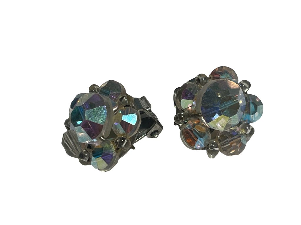 Vintage Aurora Borealis Crystal Cluster Clip-On Earrings, AB Rhinestone Statement Earrings