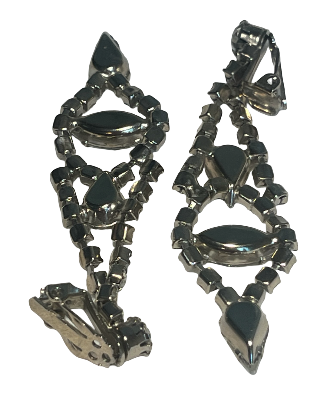 Vintage Rhinestone Dangle Clip-On Earrings Clear Marquise Glass Stones Silver Tone Mid Century