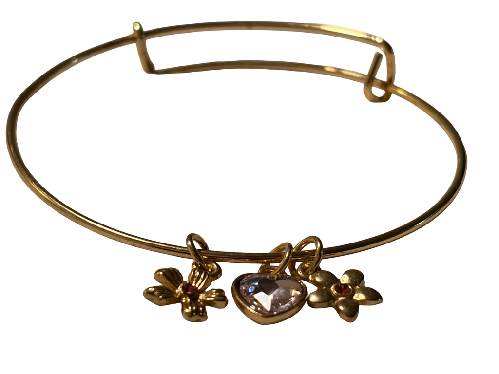 Gold Tone Charm Bangle Bracelet Pink Heart Crystal &amp; Floral Charms Dainty Fashion Jewelry