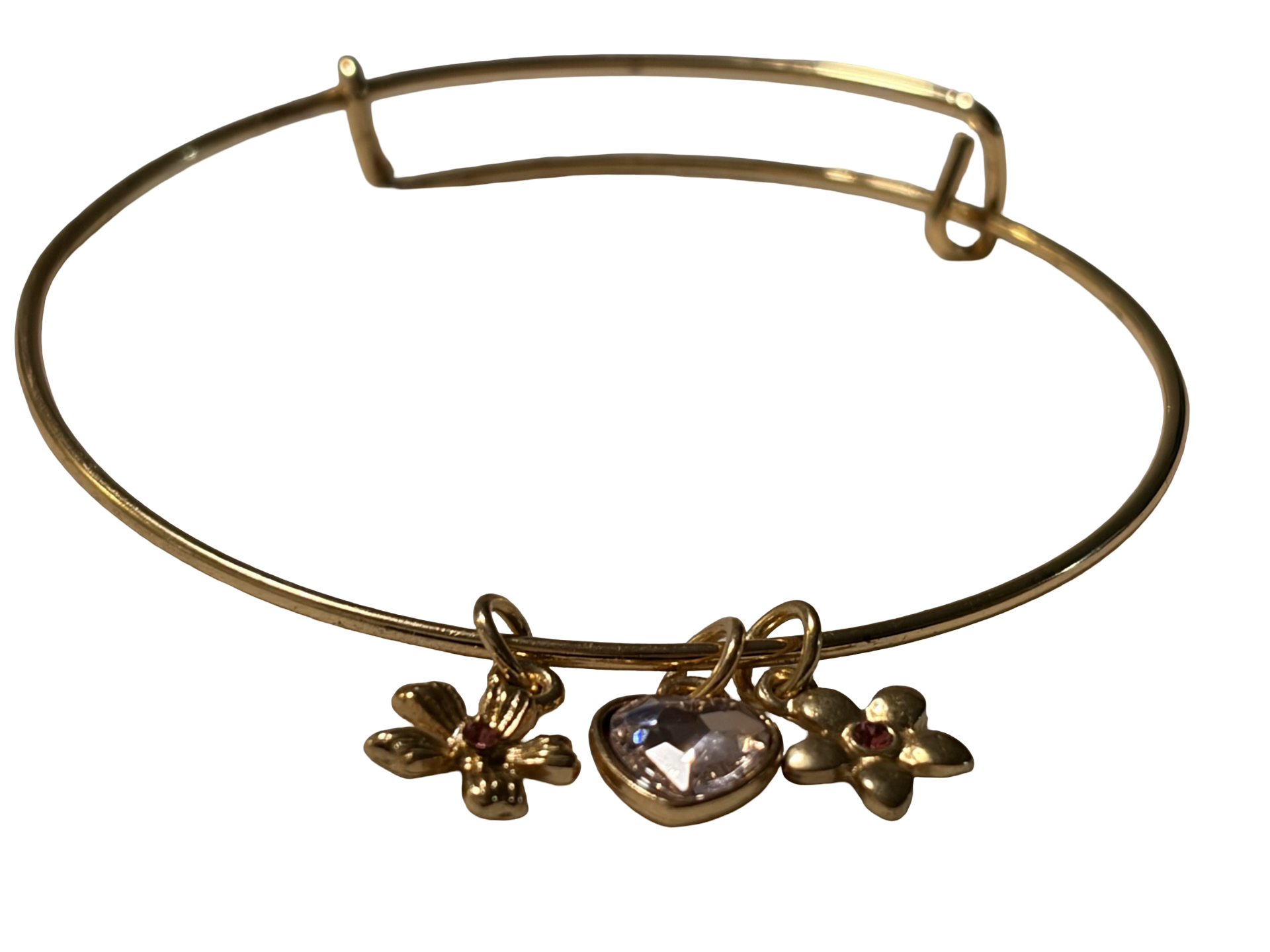 Gold Tone Charm Bangle Bracelet Pink Heart Crystal &amp; Floral Charms Dainty Fashion Jewelry