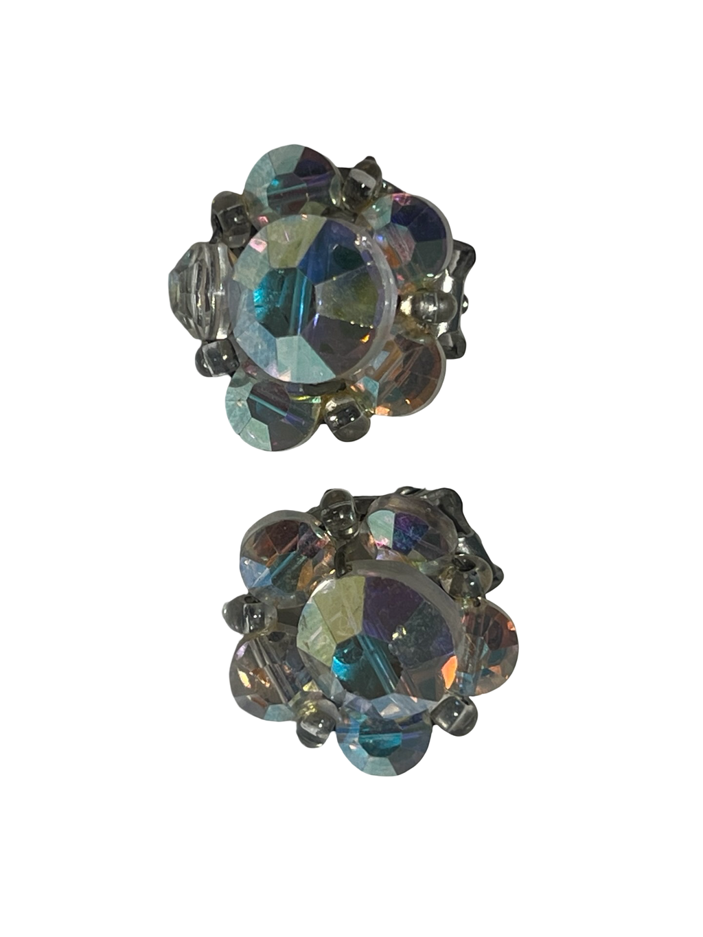 Vintage Aurora Borealis Crystal Cluster Clip-On Earrings, AB Rhinestone Statement Earrings