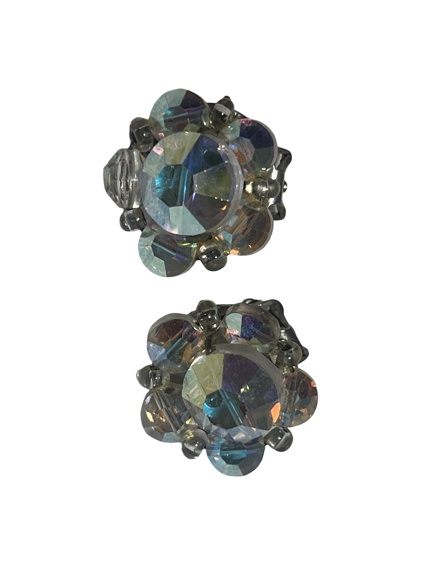 Vintage Aurora Borealis Crystal Cluster Clip-On Earrings, AB Rhinestone Statement Earrings