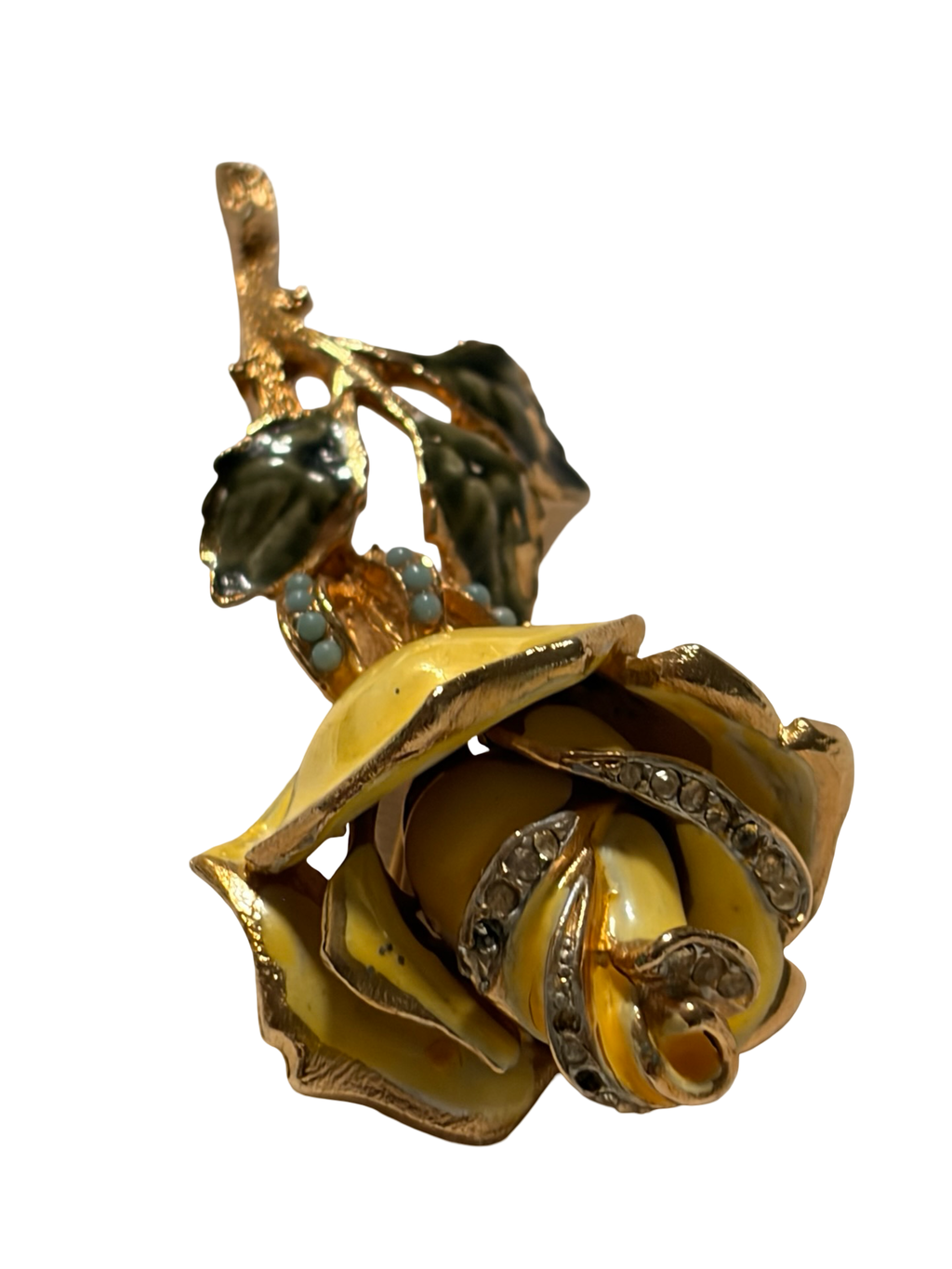 Vintage Yellow Enamel Rose Brooch Gold Tone Rhinestone Floral Pin