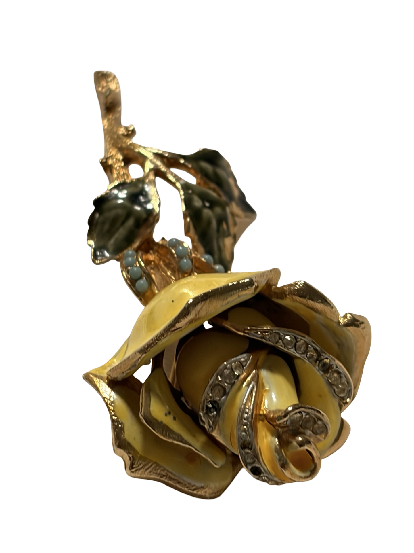 Vintage Yellow Enamel Rose Brooch Gold Tone Rhinestone Floral Pin