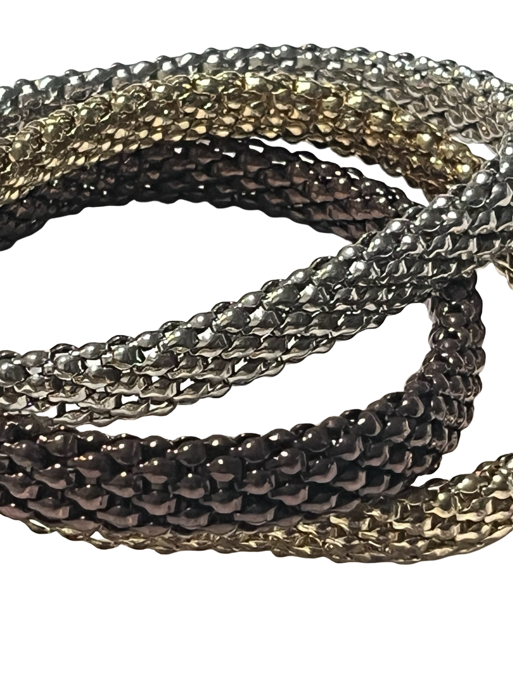 Set of 3 Metallic Mesh Crystal Stretch Bracelets – Silver, Gold, Bronze &amp; Gunmetal