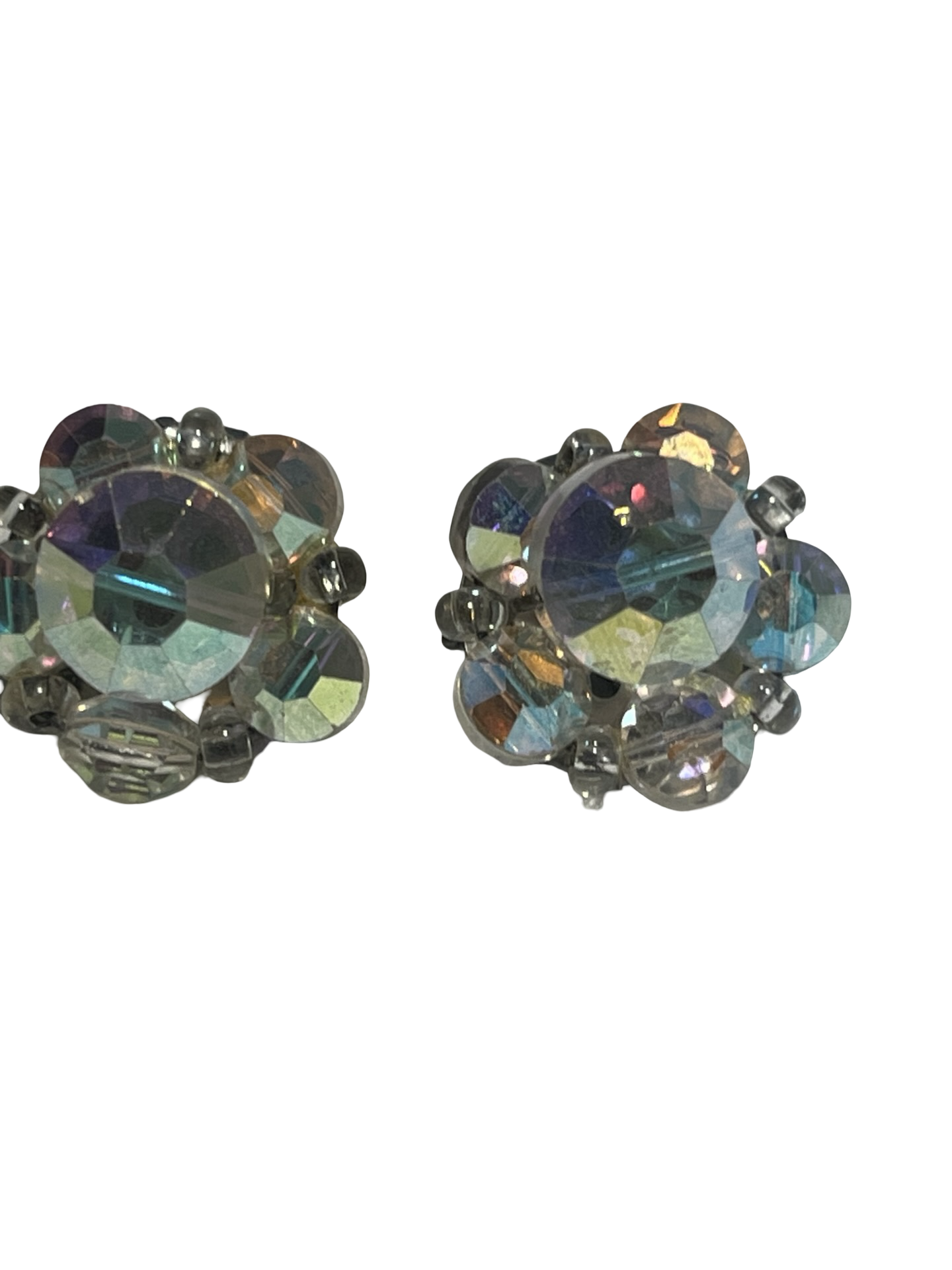 Vintage Aurora Borealis Crystal Cluster Clip-On Earrings, AB Rhinestone Statement Earrings