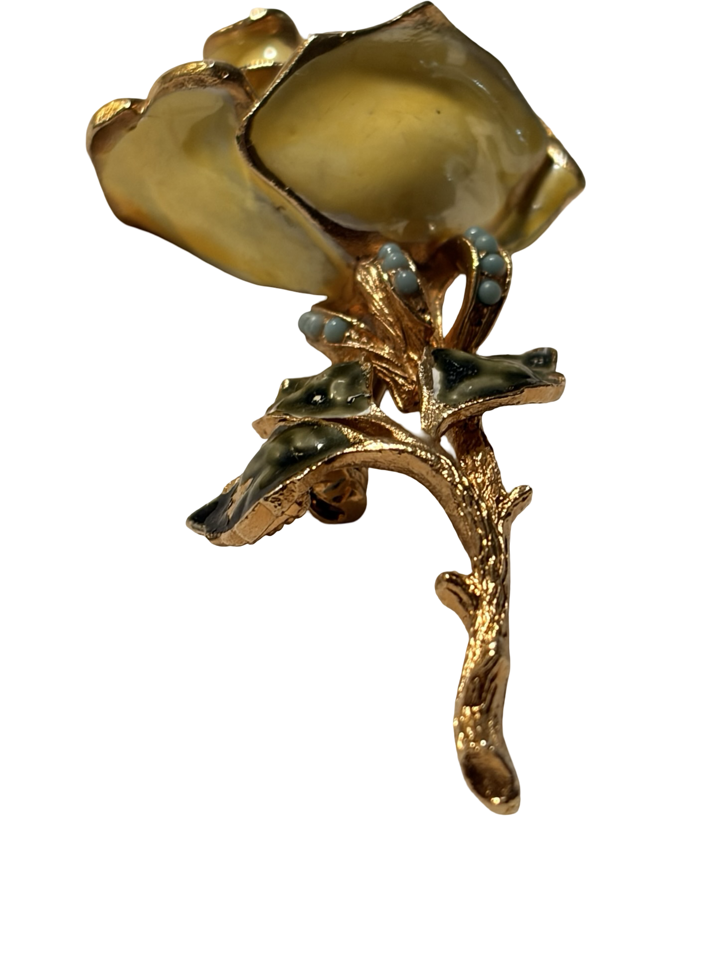 Vintage Yellow Enamel Rose Brooch Gold Tone Rhinestone Floral Pin