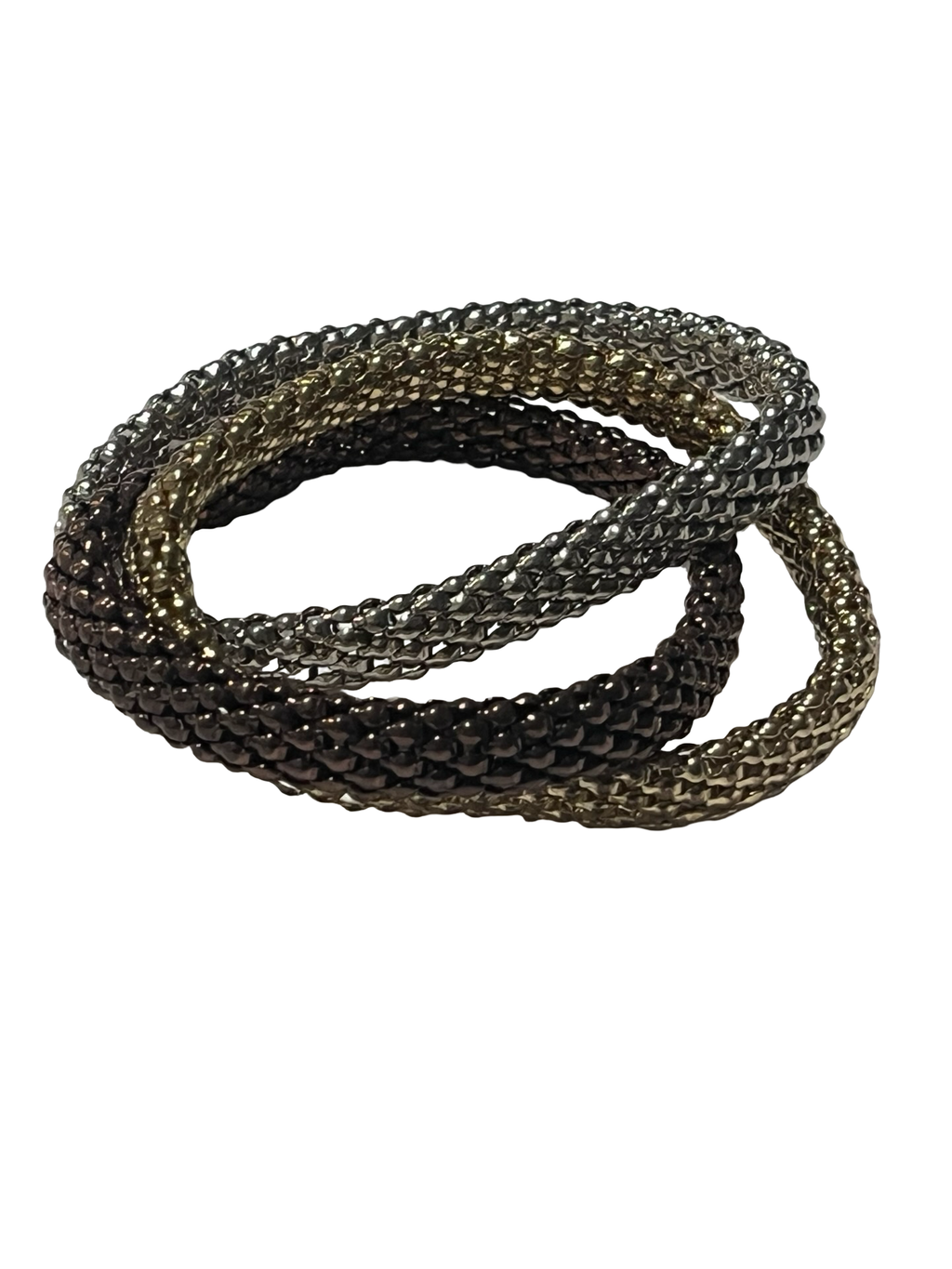 Set of 3 Metallic Mesh Crystal Stretch Bracelets – Silver, Gold, Bronze &amp; Gunmetal