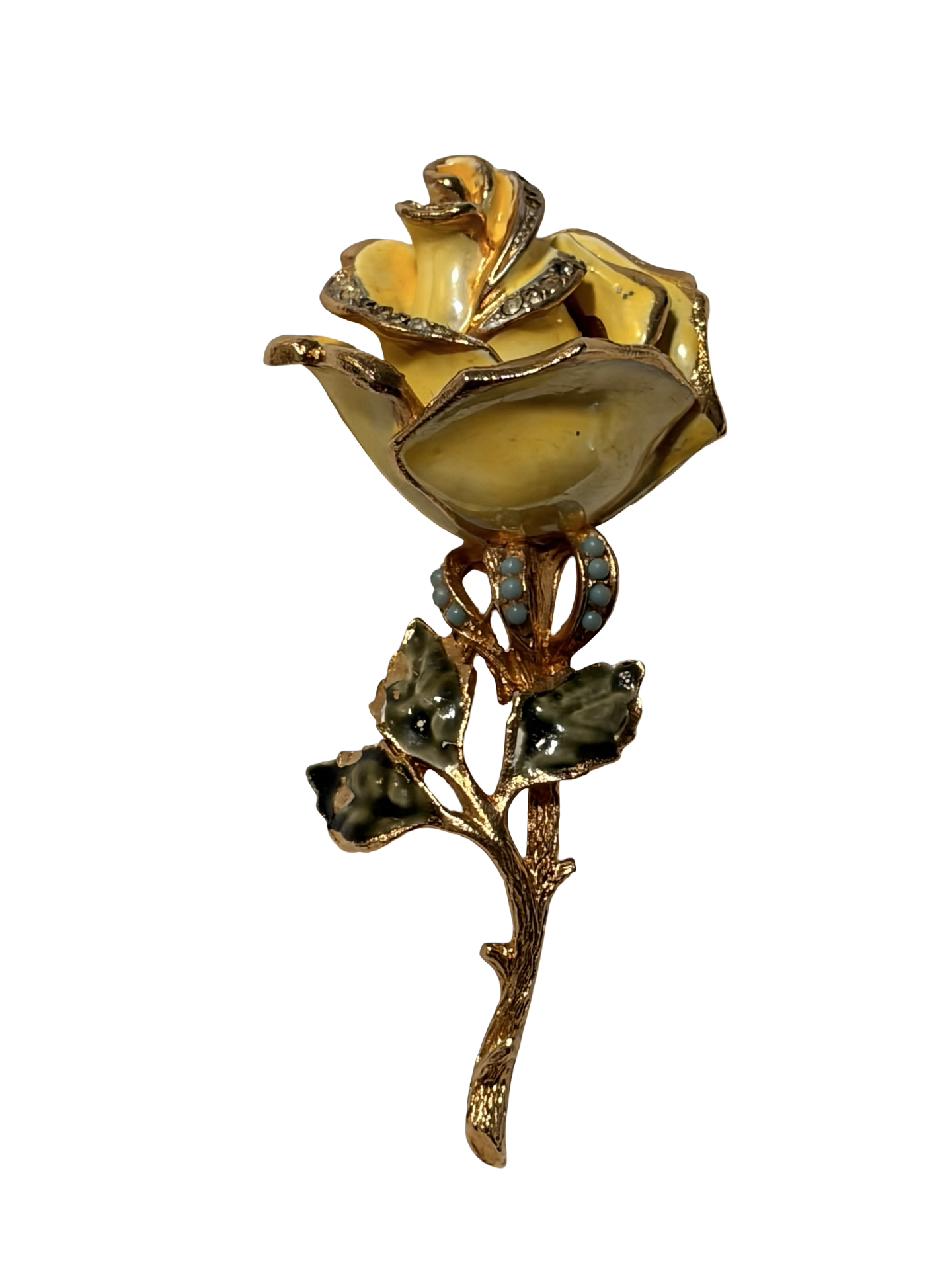 Vintage Yellow Enamel Rose Brooch Gold Tone Rhinestone Floral Pin