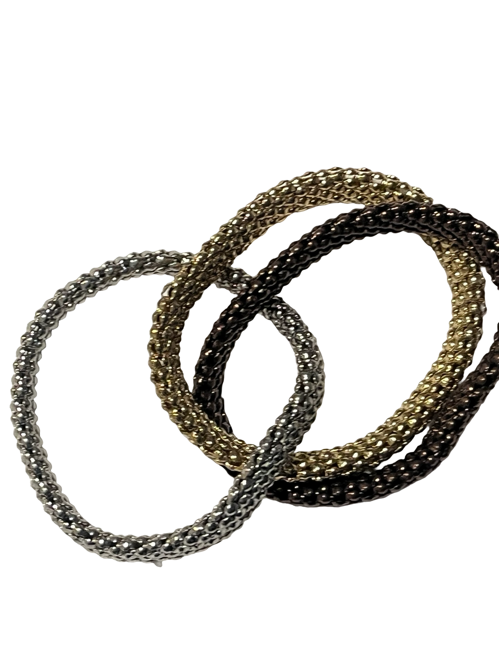 Set of 3 Metallic Mesh Crystal Stretch Bracelets – Silver, Gold, Bronze &amp; Gunmetal
