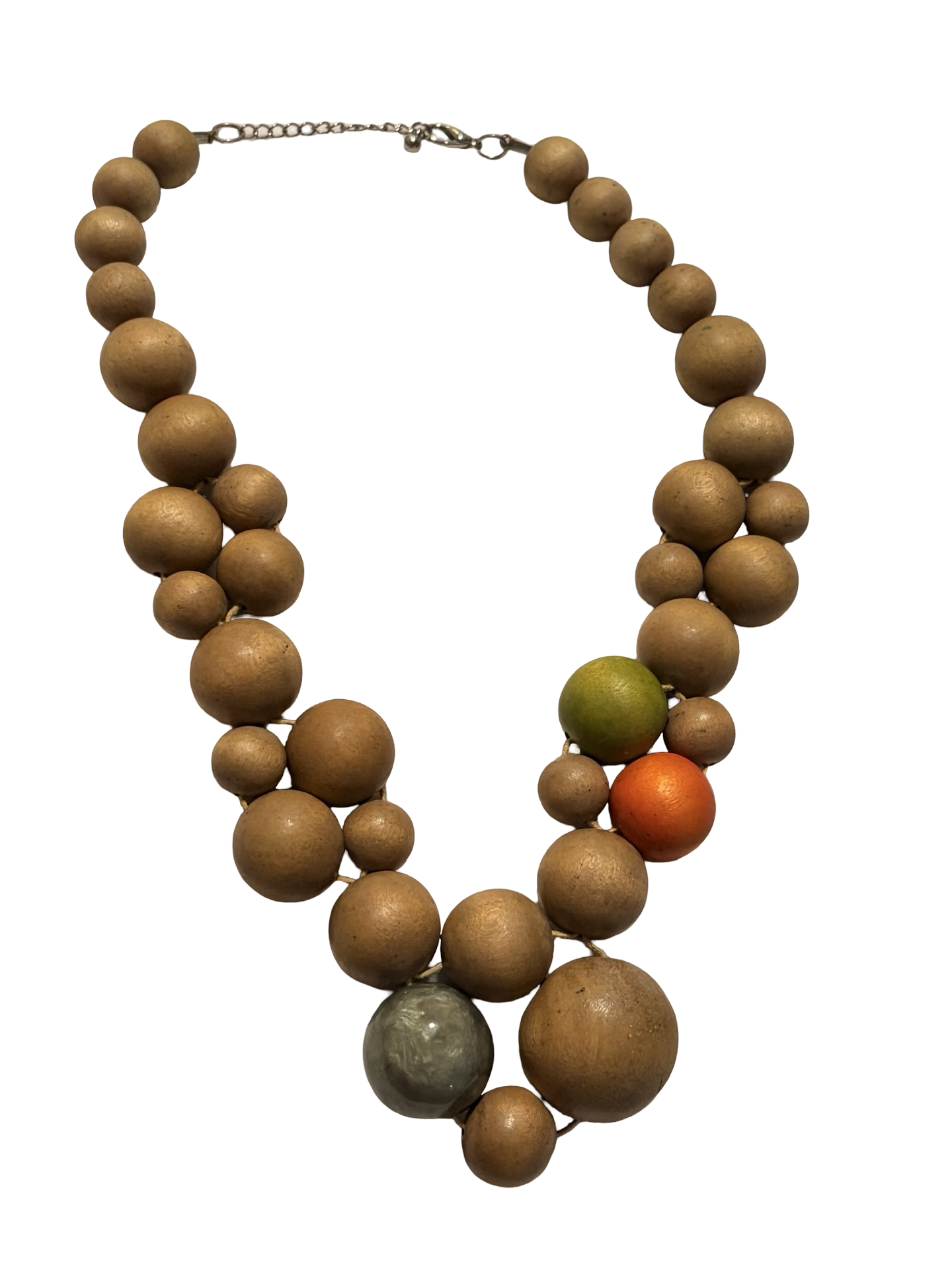 Vintage Natural Wood Bead Statement Necklace with Multicolor Accent Beads