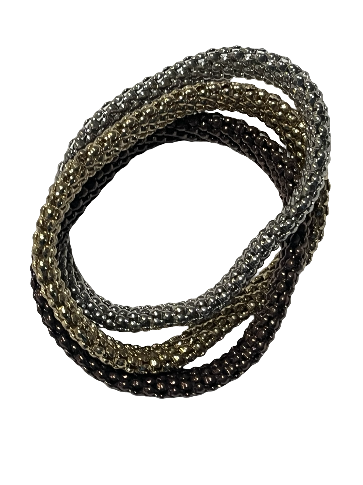 Set of 3 Metallic Mesh Crystal Stretch Bracelets – Silver, Gold, Bronze &amp; Gunmetal