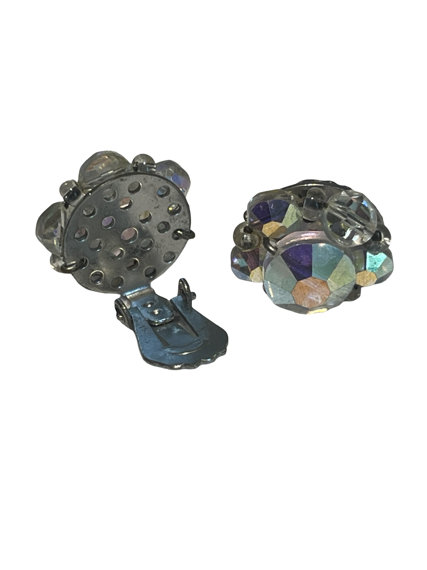 Vintage Aurora Borealis Crystal Cluster Clip-On Earrings, AB Rhinestone Statement Earrings