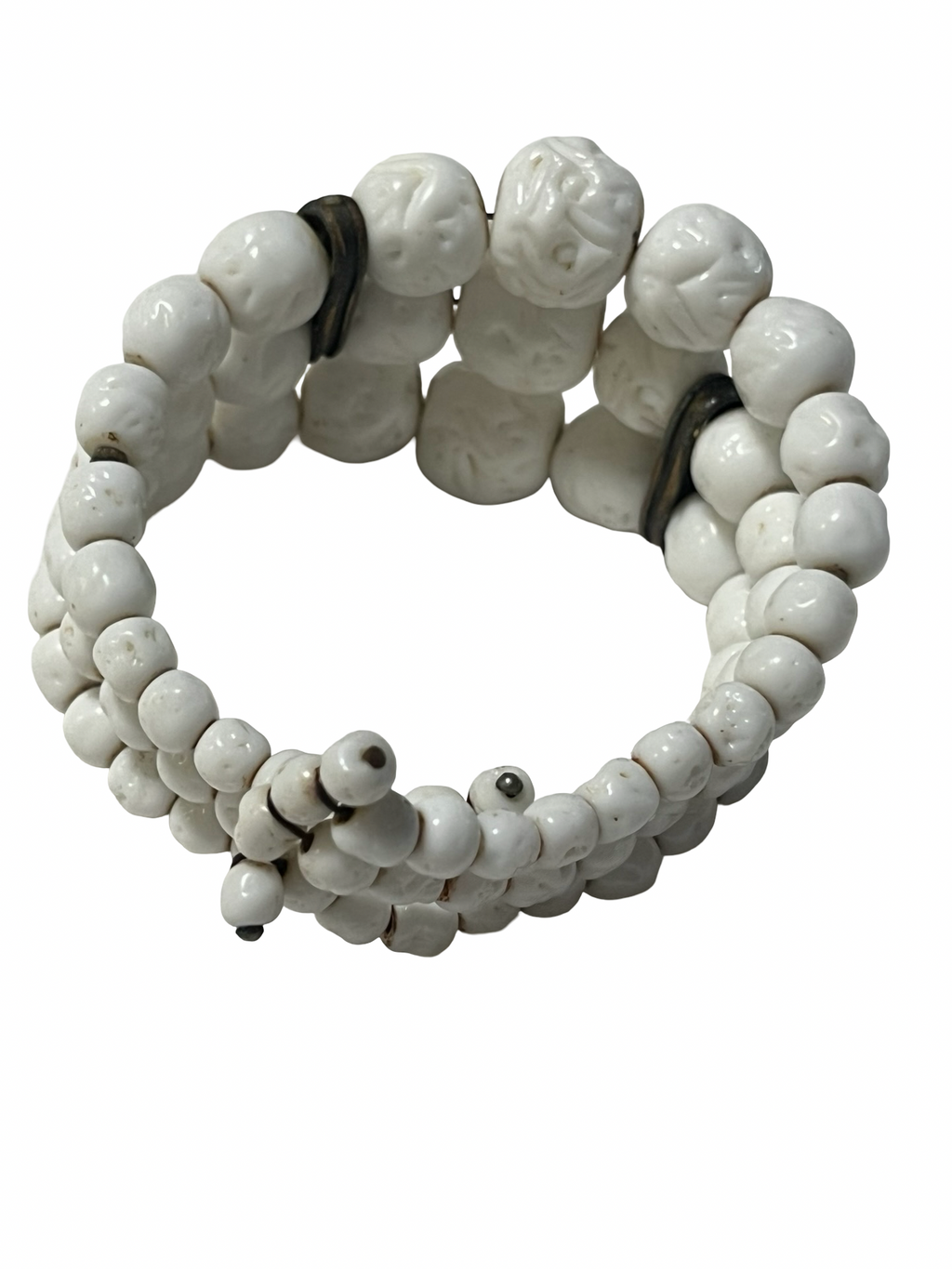 Handmade White Ceramic Skull Memory Wire Wrap Bracelet Rhinestone Spacers Gothic Boho