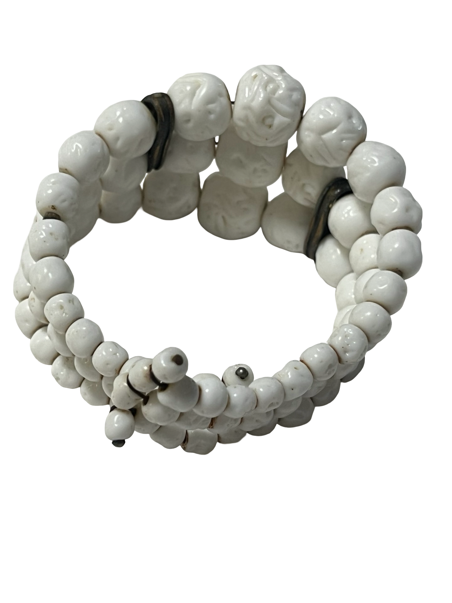 Handmade White Ceramic Skull Memory Wire Wrap Bracelet Rhinestone Spacers Gothic Boho