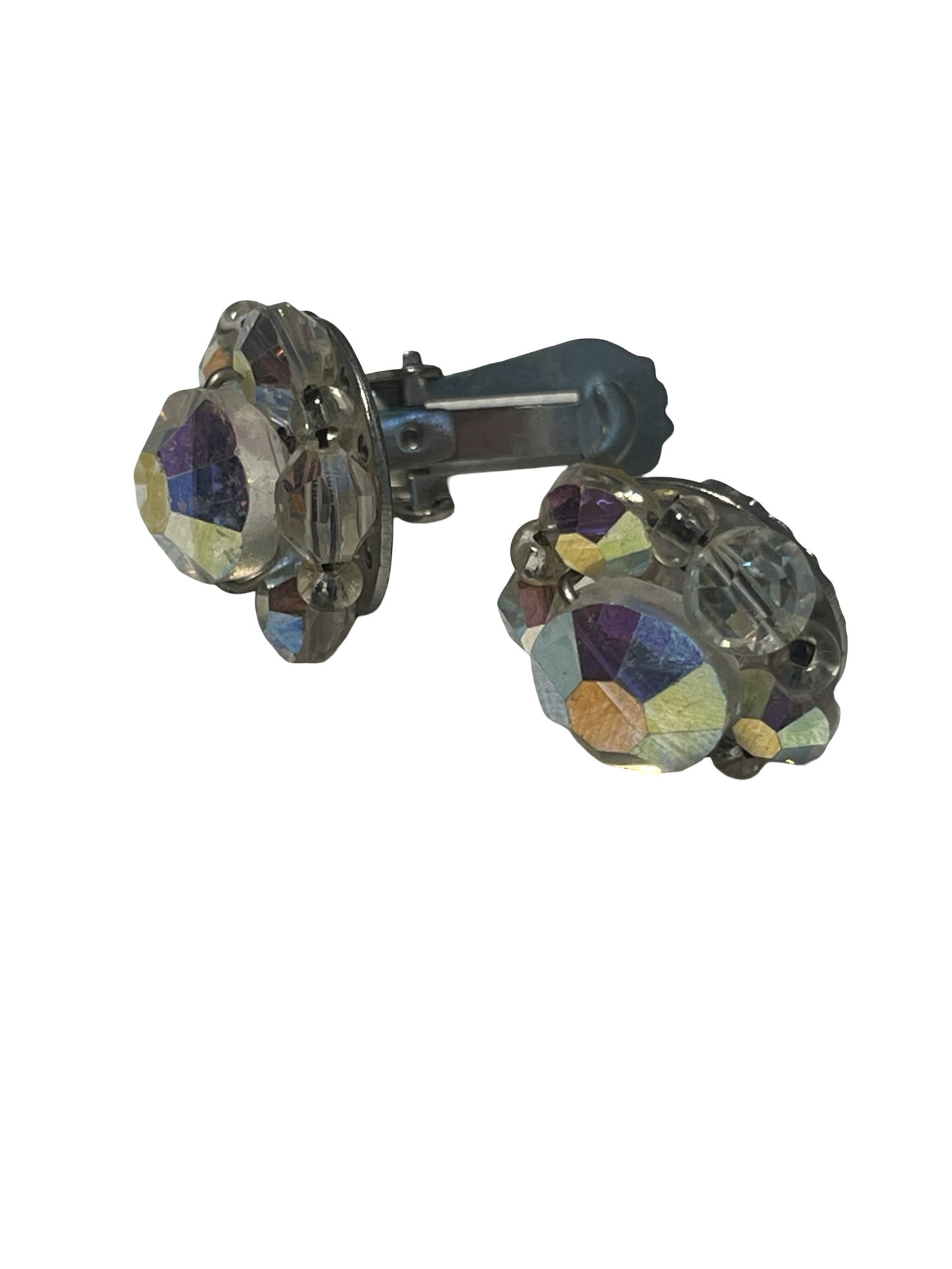 Vintage Aurora Borealis Crystal Cluster Clip-On Earrings, AB Rhinestone Statement Earrings
