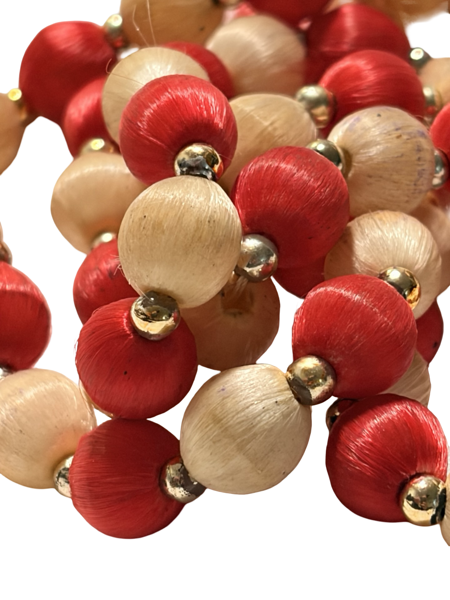 Vintage Red &amp; Cream Satin Wrapped Bead Necklace