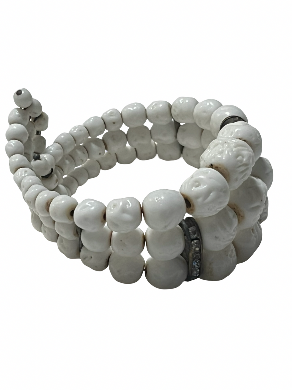 Handmade White Ceramic Skull Memory Wire Wrap Bracelet Rhinestone Spacers Gothic Boho