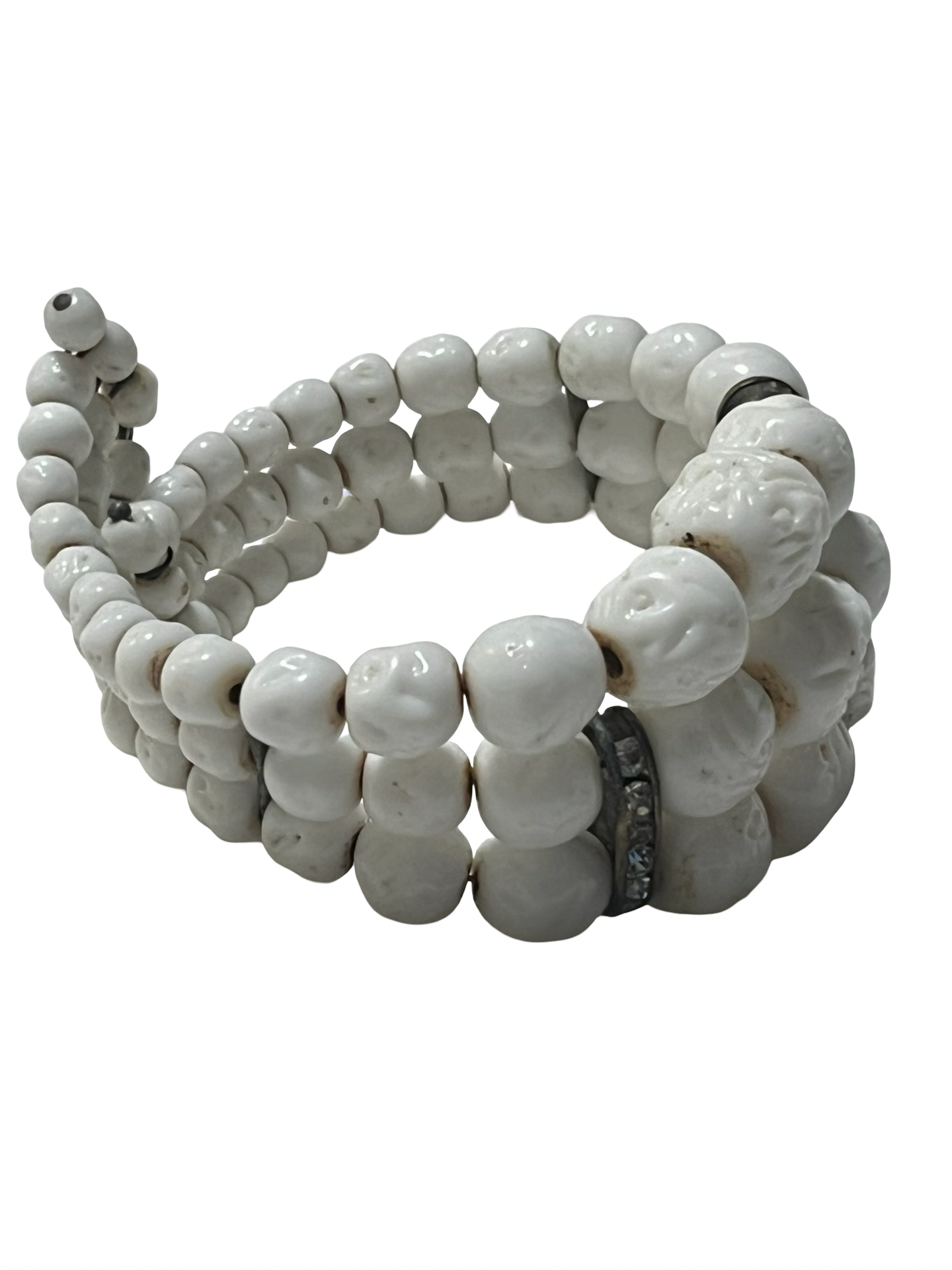 Handmade White Ceramic Skull Memory Wire Wrap Bracelet Rhinestone Spacers Gothic Boho