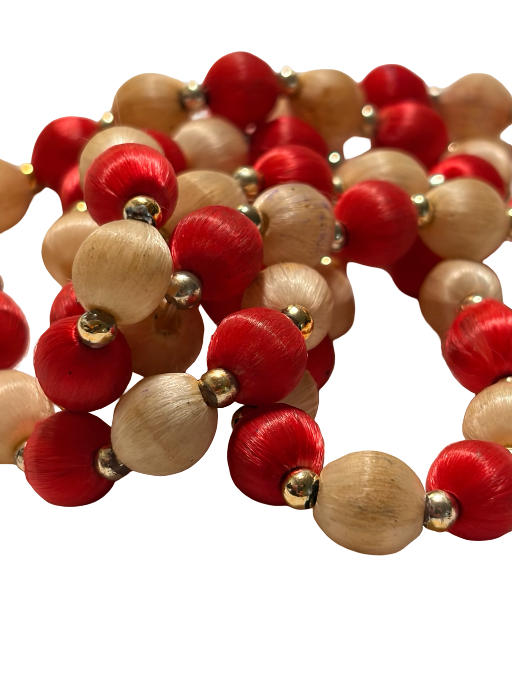 Vintage Red &amp; Cream Satin Wrapped Bead Necklace