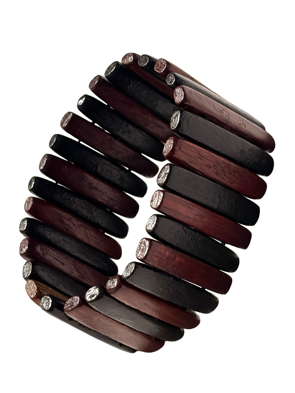 Vintage Stretch Wooden Bracelet Red &amp; Black Wood Slat Boho Artisan Statement Bangle