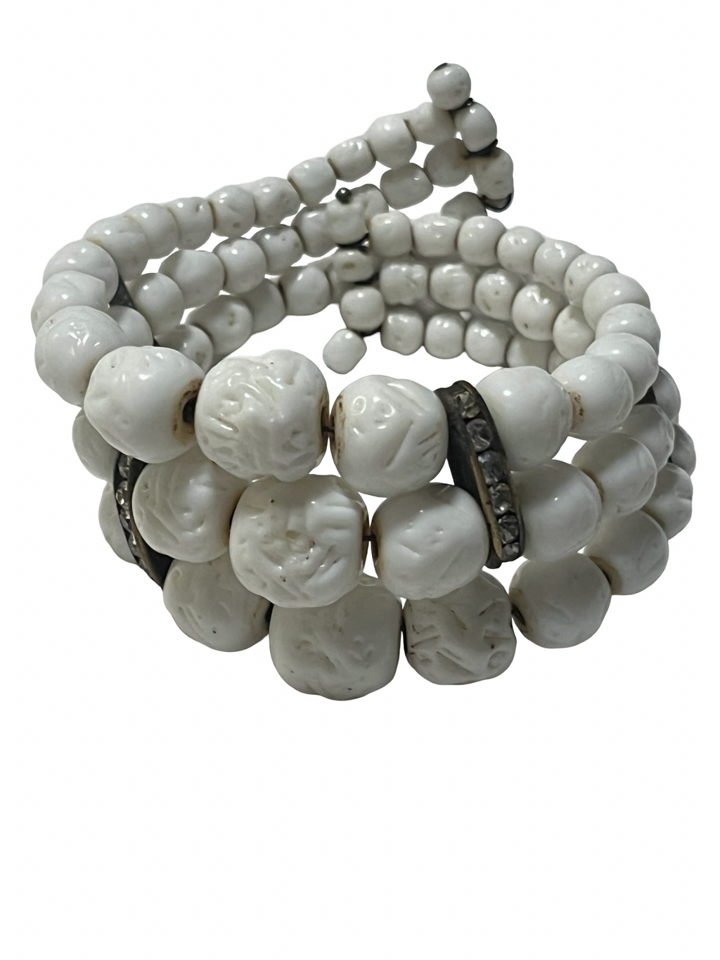 Handmade White Ceramic Skull Memory Wire Wrap Bracelet Rhinestone Spacers Gothic Boho